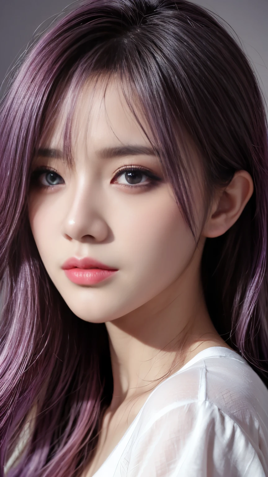 background（Black Night Sky，Big Moon），Close-up of a woman，Wearing a white shirt、Purple Hair，Very long hair，very thick braids，Purple eyes，big ， realistic girl rendering, 8k artistic german bokeh, Enchanting girl, Real Girls, Gurwitz, Gurwitz-style artwork, Girl Roleplay, Realistic 3D style, cgstation Popular Topics,, 8K Portrait Rendering,（truth，truth：1.4），Wear pink pajamas，巨big ，Sparkling eyes，Purple eyes