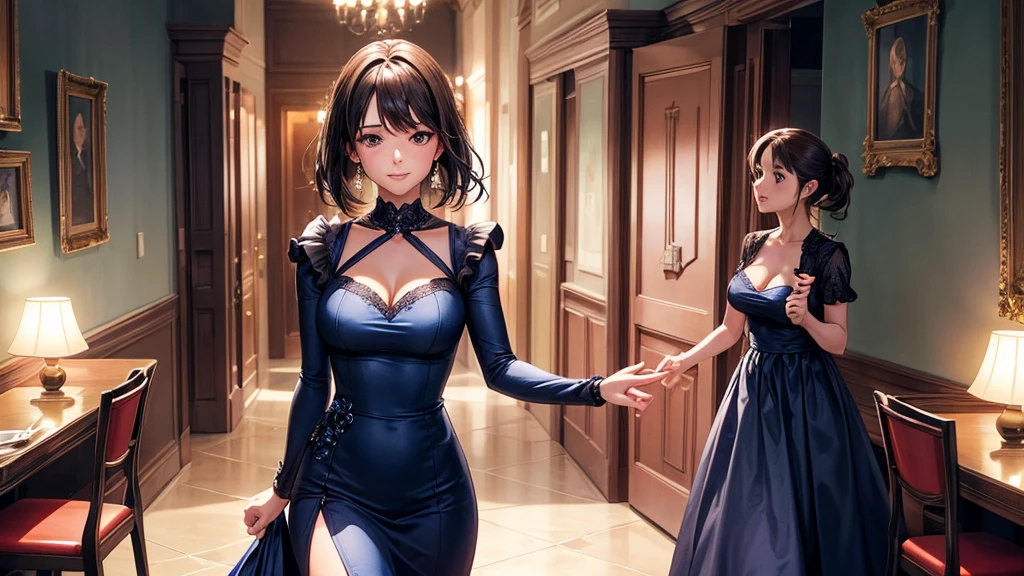 sksbrooke person, sksbrooke, (masterpiece:1.2), (best quality:1.2), perfect eyes, perfect face, 1girl, solo, brown eyes, (medium breasts), perky breasts, sparkling blue dinner dress, restaurant background, low lighting, walking through the door