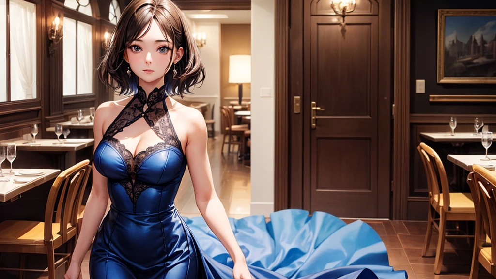 sksbrooke person, sksbrooke, (masterpiece:1.2), (best quality:1.2), perfect eyes, perfect face, 1girl, solo, brown eyes, (medium breasts), perky breasts, sparkling blue dinner dress, restaurant background, low lighting, walking through the door 