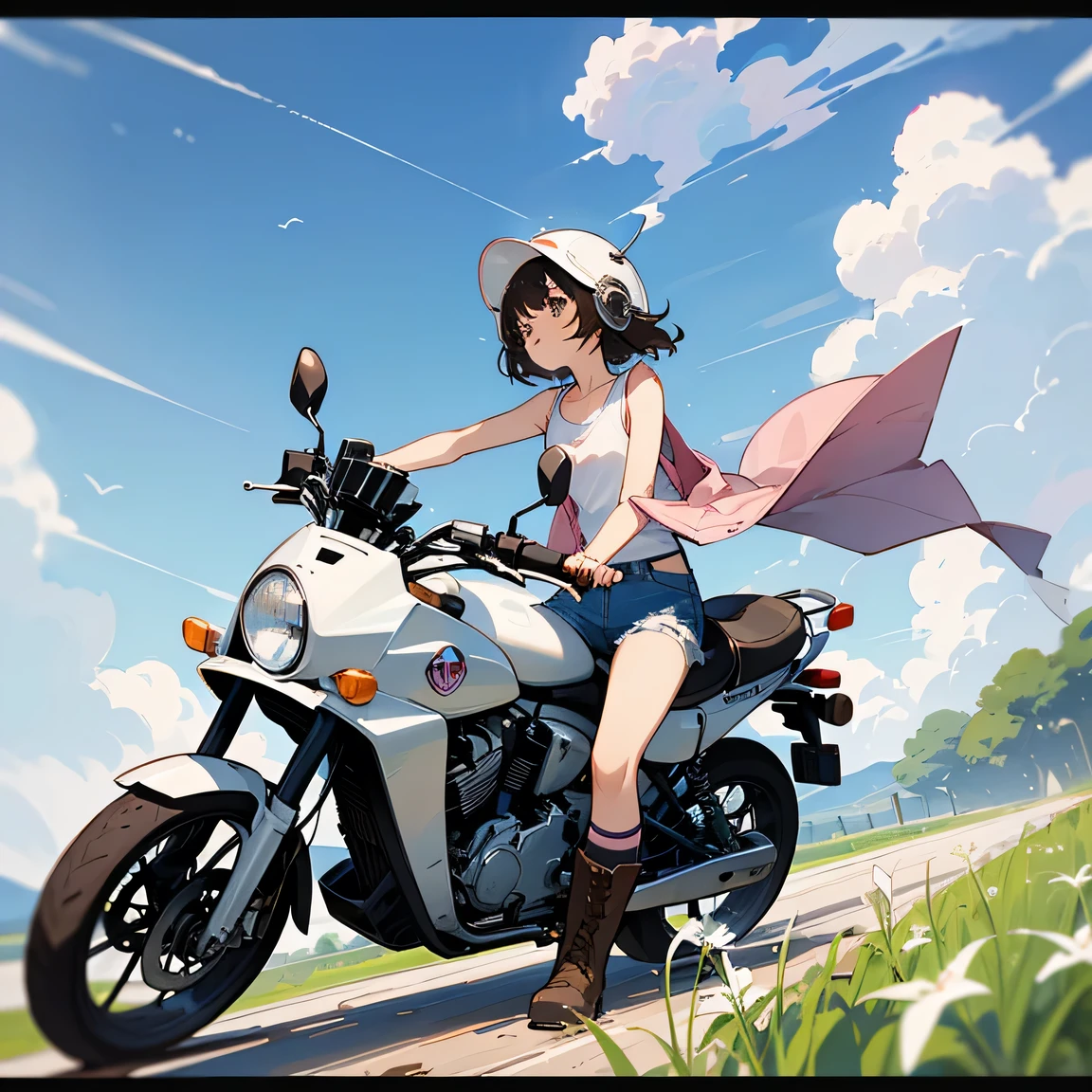 Highest quality、A girl is riding a white Super Cub、Dark brown short cut、(He is wearing a jet helmet with white and black lines running down the center of the helmet from front to back.、White tank top、Pink jacket、Denim shorts、White knee-high socks、Brown work boots:1.3)、Japanese countryside scenery、Road beside the stream、Small creek、Dirt Road、Weeds grow along the side of the road、Blue sky、White clouds floating、Early summer sky、