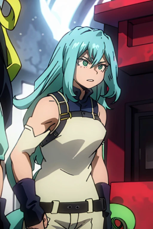 Teenage girl with short wavy pastel green hair, big red eyes, full lips, soft skin, hard gaze, with a hero aura.