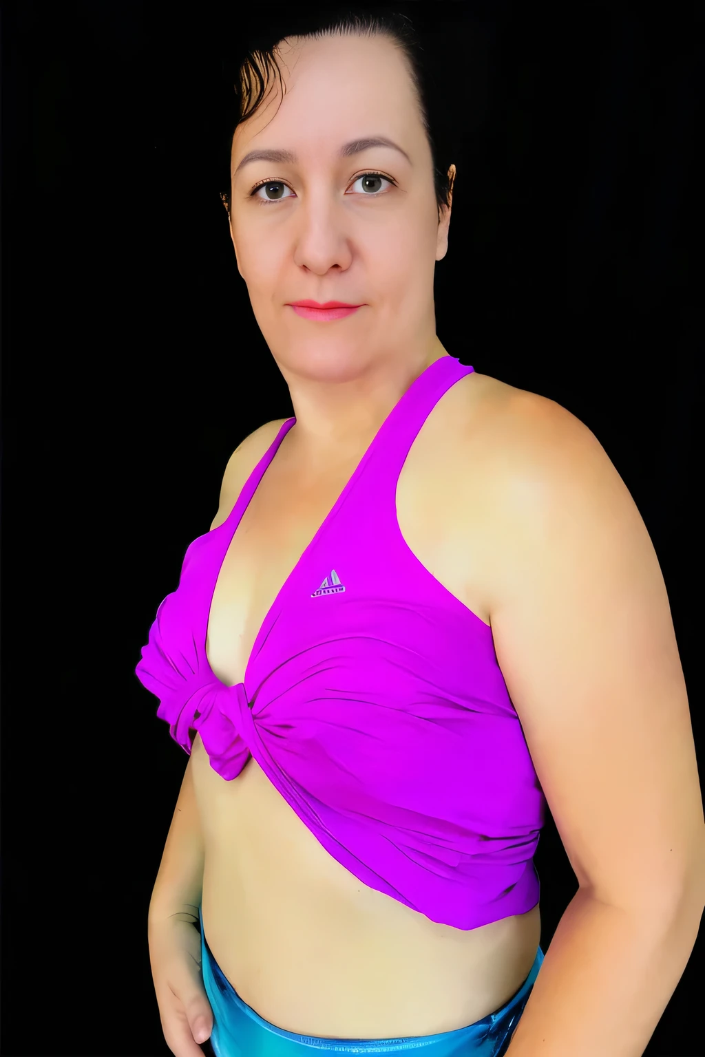 there is a Brazilian woman, in a purple top posing for a photo, purple halter top, looking from the side, sports bra and shirt, frontal pose, wearing a purple t-shirt, front portrait, seen from the side, frontal photo, purple top, adjusted photo , using gym equipment, fitness body, physique: smallest belly ever, sweaty abs, fit curvy physique, stamped photo, black background. (((Full body photo))). Sharp photo, high quality, high resolution and high contrast. Masterpiece, high resolution, masterpiece, 16K. NUDE, NUDITY, NFSW.