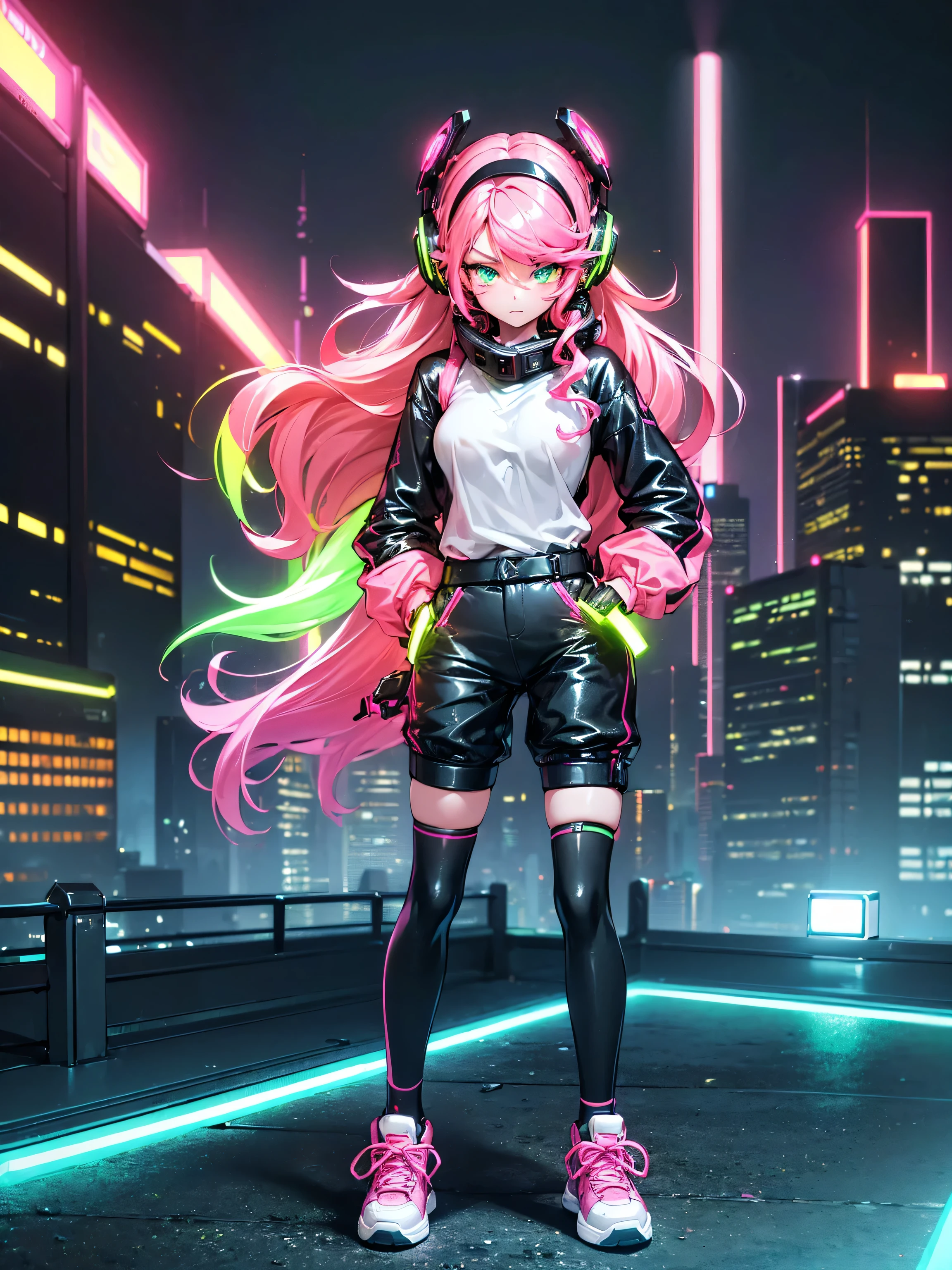 masterpiece:1.4, 1girl ((20year old, dressed in long sleeve shirt, tight black shorts, sneakers, medium breasts, multicolor pink hair, curly long hair, green eyes:1.4, Wearing headphones, standing on a balcony looking out at city:1.1 sci-fi skyline in background:1.1, neon and energetic atmosphere:1.2)) ((nighttime) ((wide camera angle)) ((solo:1.6))