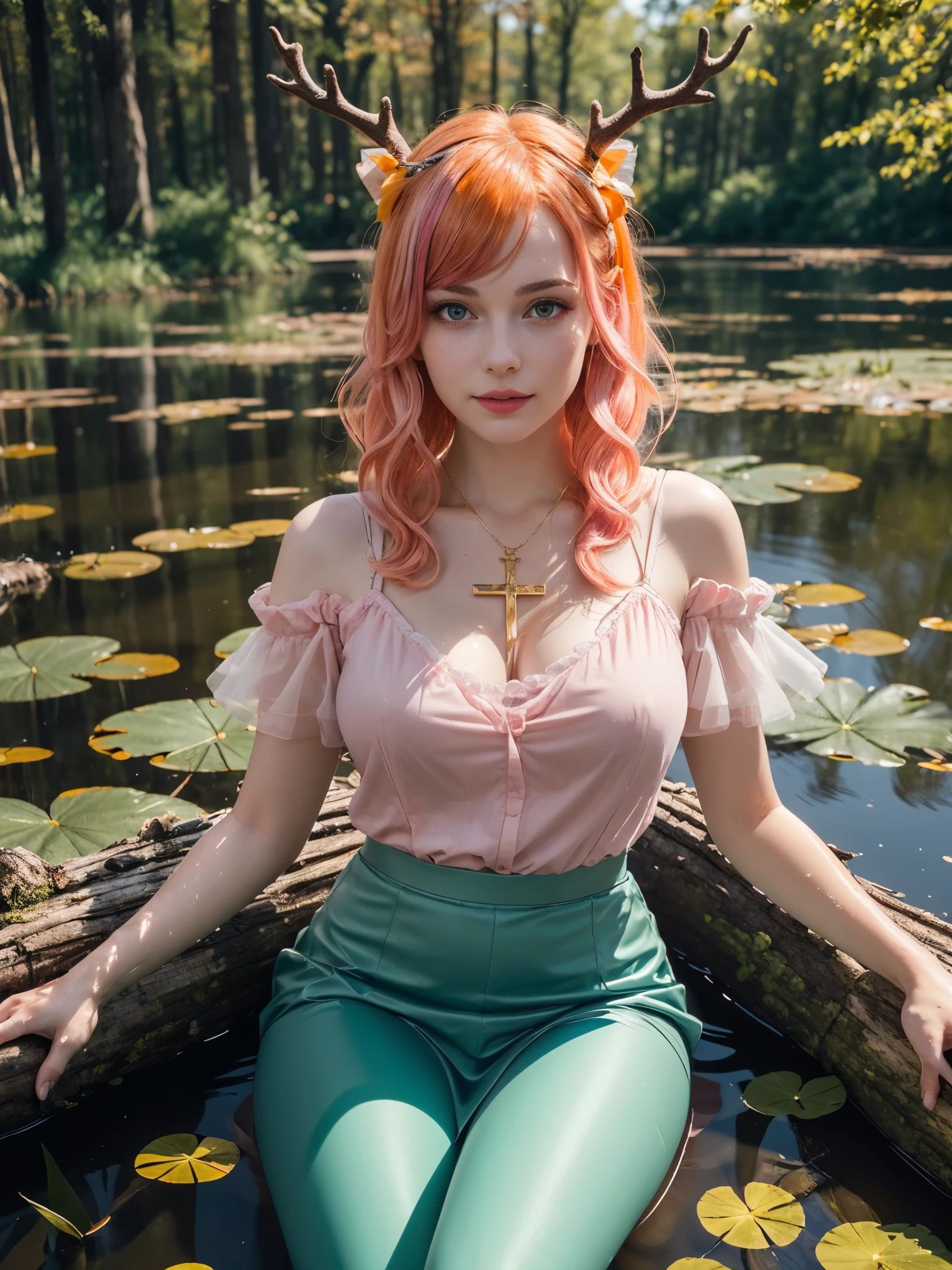 1girl, sitting, forest, messy dry hair, wide short sleeve, giant cross pendant, skirt, legging, one hand up, gold-trimmed sleeve, looking at viewer, pond, swamp, water surface, autumn weather, water stream, little waterfall, sitting on trunk, peaceful, dreamy lighting, water ripple, ultra detailed, beautiful and aesthetic, masterpiece, best quality, elegant, vivid colors, (realistic:1.3), (orange hair:pink hair:1.2), multicolored hair, gradient hair, voluminous hair, yellow eyes, maple antlers, hair ribbon, orange dress, sharp focus, gigantic breasts, (11yo, cute:1.3), 