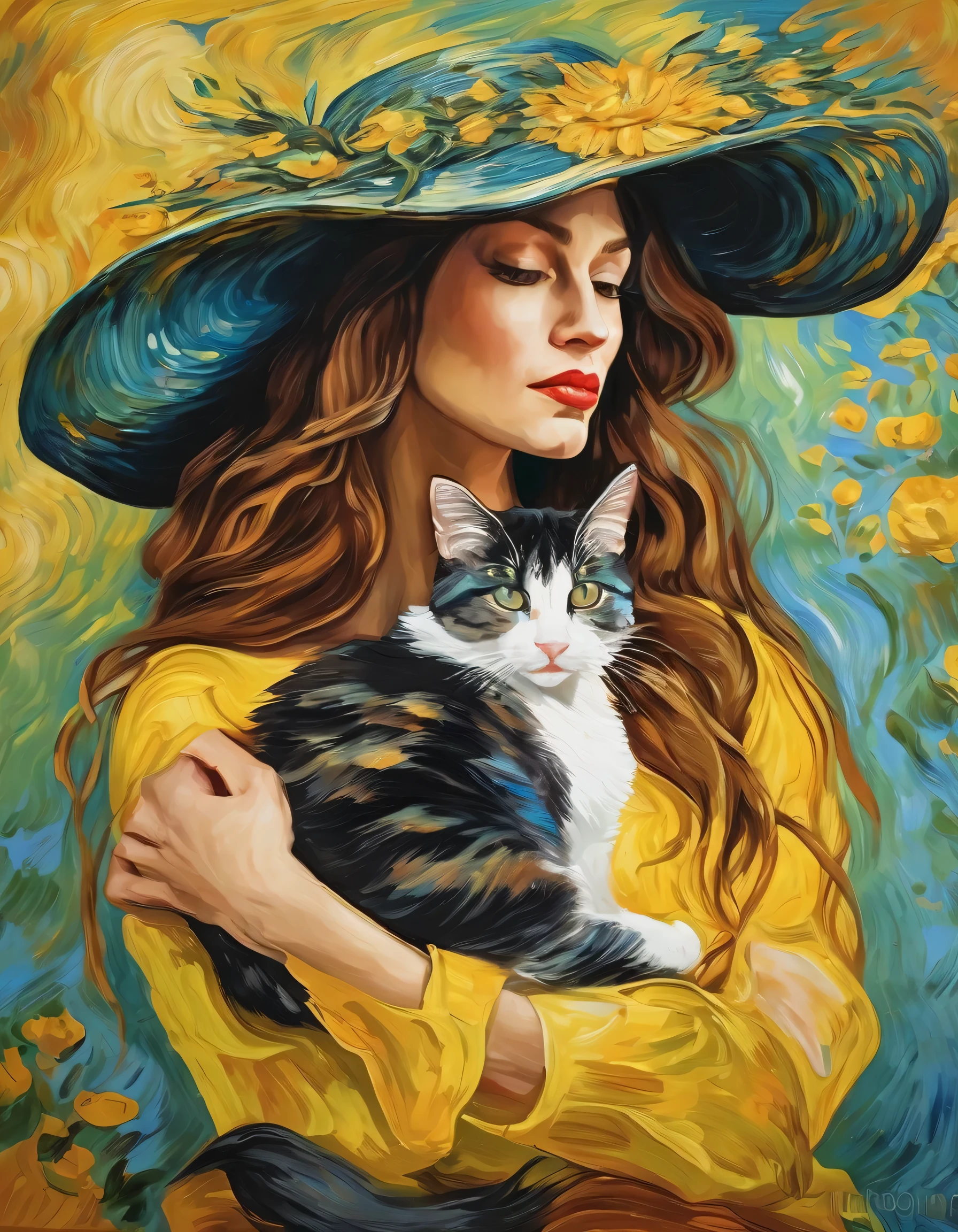 painting, beautiful Woman in Large Hat, van gogh style, holding cat, long hair