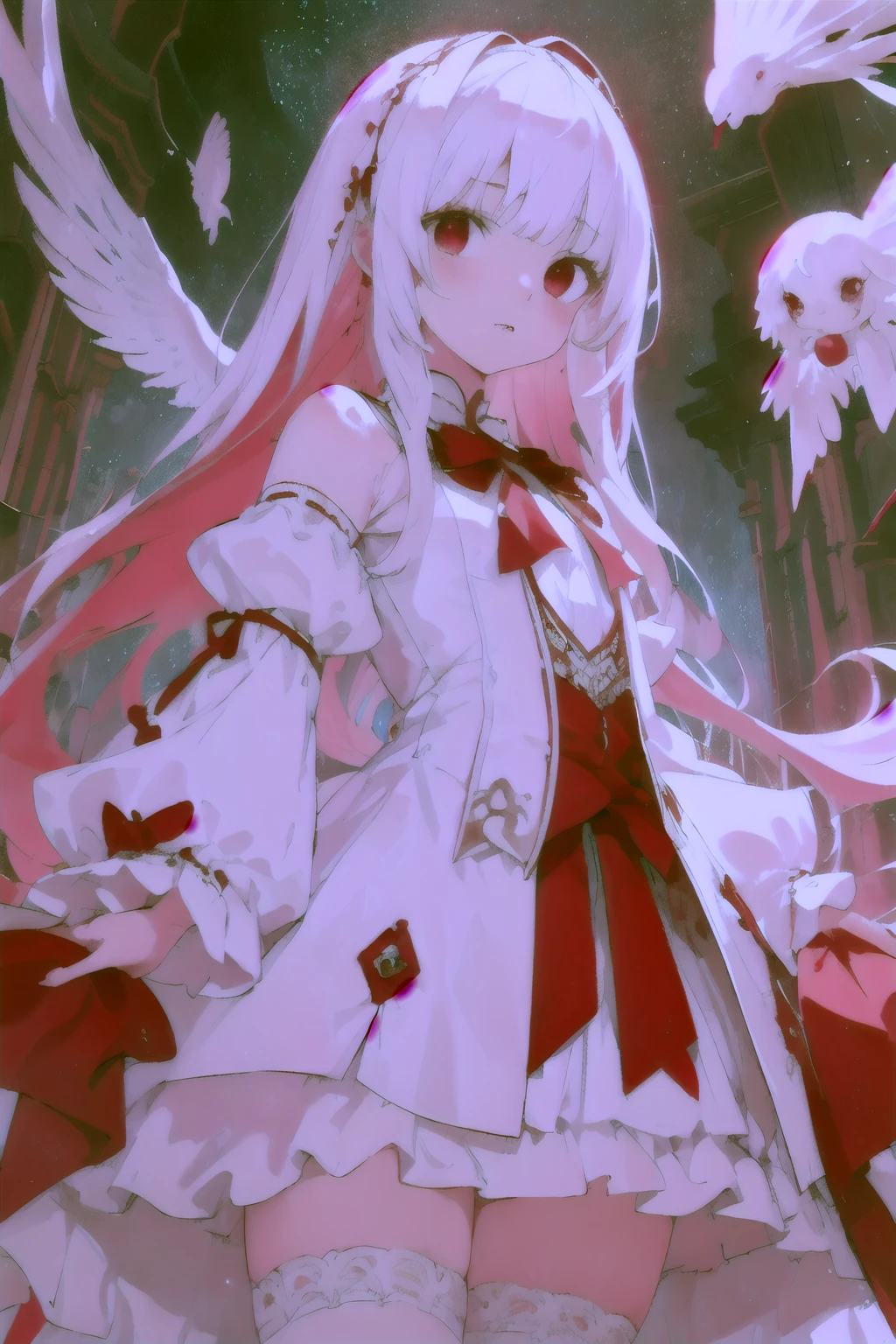 Beautiful illustrations, highest quality, Cute girl, (Conversion Sequence), Transformation Magical Girl, Little, White Magical Girl, Fractal Art, albino, Baby Face, Long pure white red mesh hair, Beautiful and detailed red eyes, Cinema Lighting, Cowboy Shot, View your viewers, From below, Happy