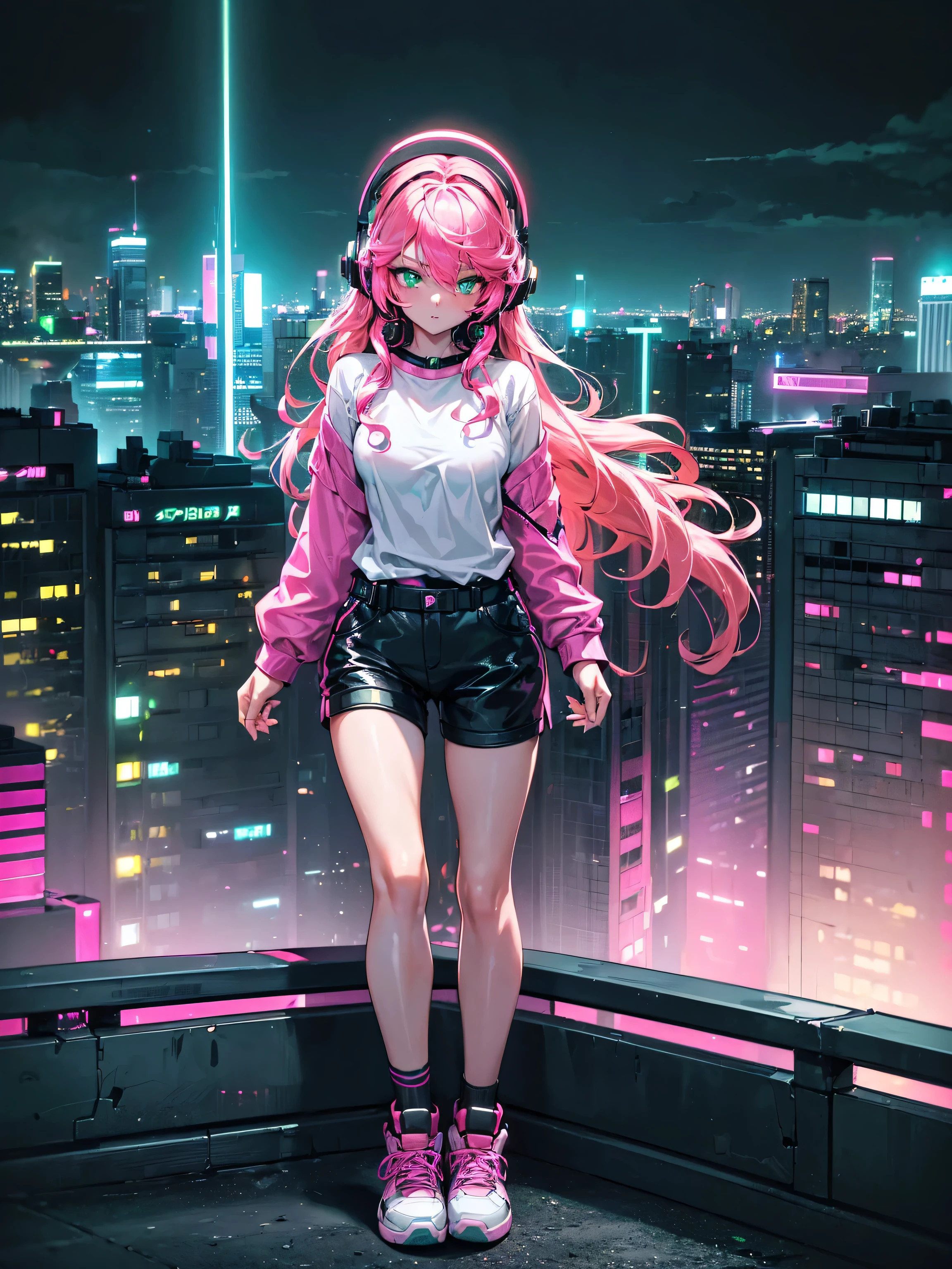 High resolution, Highest quality, masterpiece, Very high quality, Super detailed, Surreal, 3d, anime, An illustration, Fantasy, Hard Rock Girl, So beautiful and cute, Pink wavy hair, Side braid, mini skirt, Knee-high socks, Engineer boot, background cyberpunk city galaxy  