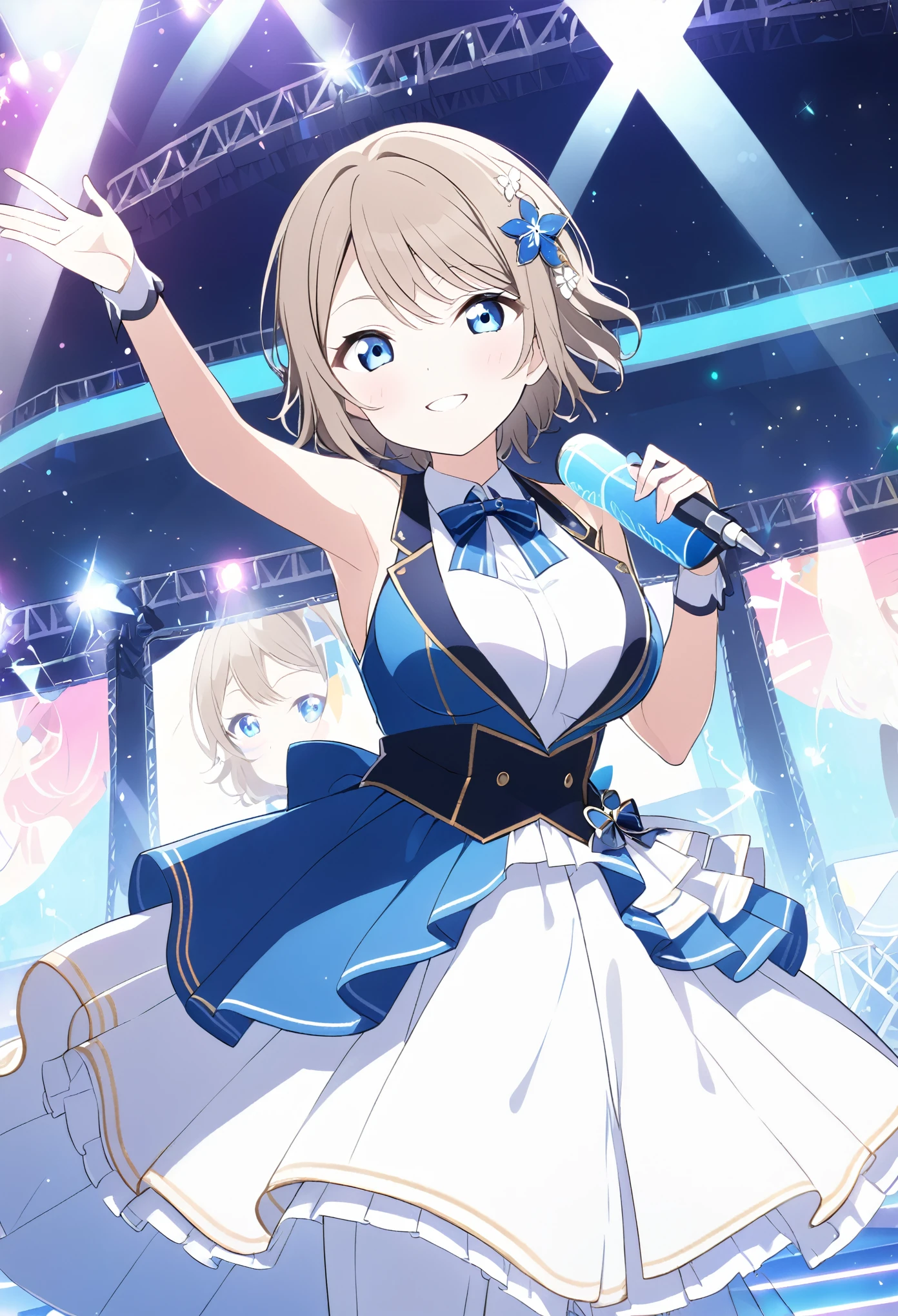 you watanabe, short hair, blue eyes, brown hair,,　, live stage, large Breasts, Formal dress smile　solo

