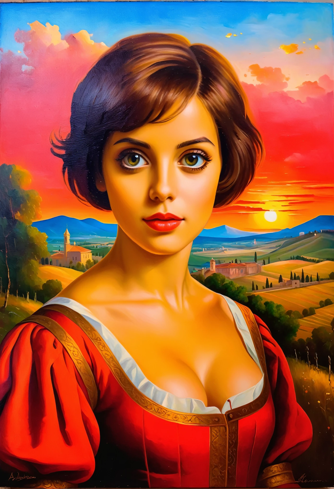 [[(front full portrait: young Lindsey Fonseca (solo) with big eyes and a short hair oblique bob, apple)((Nicola da Urbino style))])):20]/[background: landscape
 Renaissance, old canva, (scarlet sunset), ((landscape style Alexey Savrasov:1,6))]/[very colorful,((oil painting palette knife))((masterpiece)),((highest detail))]]