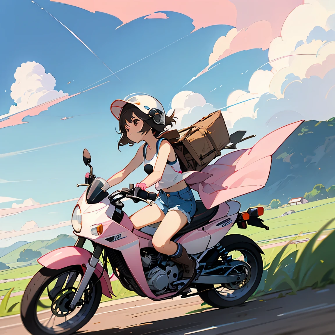 Highest quality、A girl is riding a white Super Cub、Dark brown short cut、(He is wearing a jet helmet with white and black lines running down the center of the helmet from front to back.、White tank top、Pink jacket、Denim shorts、White knee-high socks、Brown work boots:1.3)、Japanese countryside scenery、Road beside the stream、Small creek、Dirt Road、Weeds grow along the side of the road、Blue sky、White clouds floating、Early summer sky、