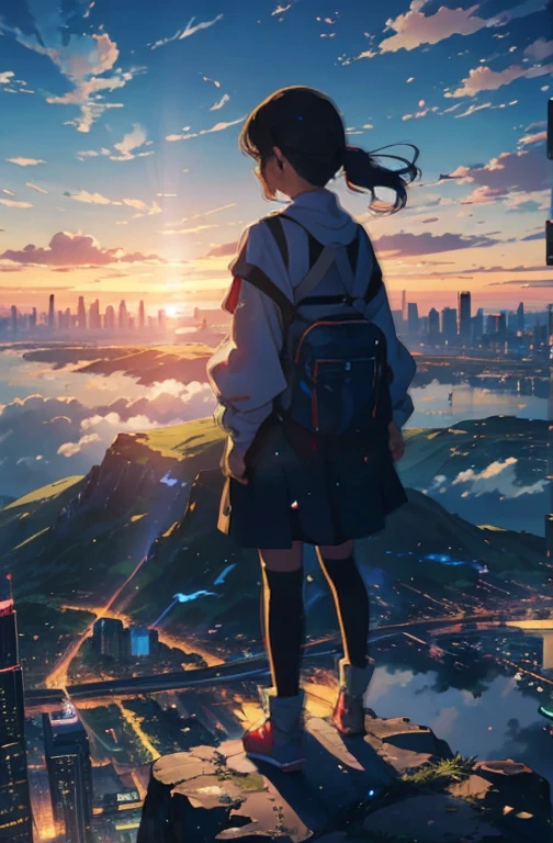 anime - style painting of a woman standing on a cliff overlooking a city, anime sky, detailed scenery —width 672, anime art wallpaper 4 k, anime art wallpaper 4k, beautiful anime scenery, anime art wallpaper 8 k, anime landscape wallpaper, anime wallpaper 4 k, anime wallpaper 4k, 4k anime wallpaper, anime clouds, anime background art