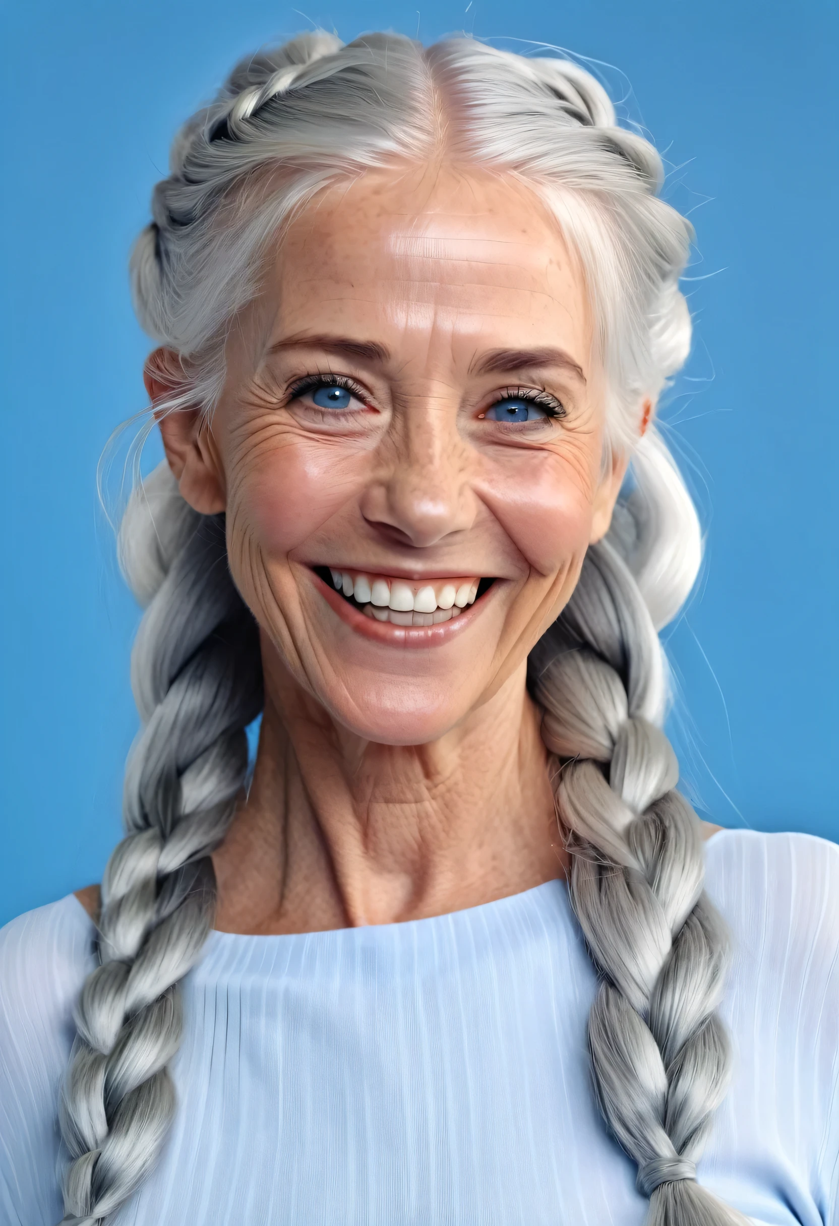 70-year-old woman, smiling (full long white hair), (thick braid), Beautiful smile, show teeth, (perfect teeth), blue eyes, portrait, 8k, ultrarealistic, intelligent and friendly face, averagely trained body, wrinkles, some freckles, elegant grey hair, high heels, 