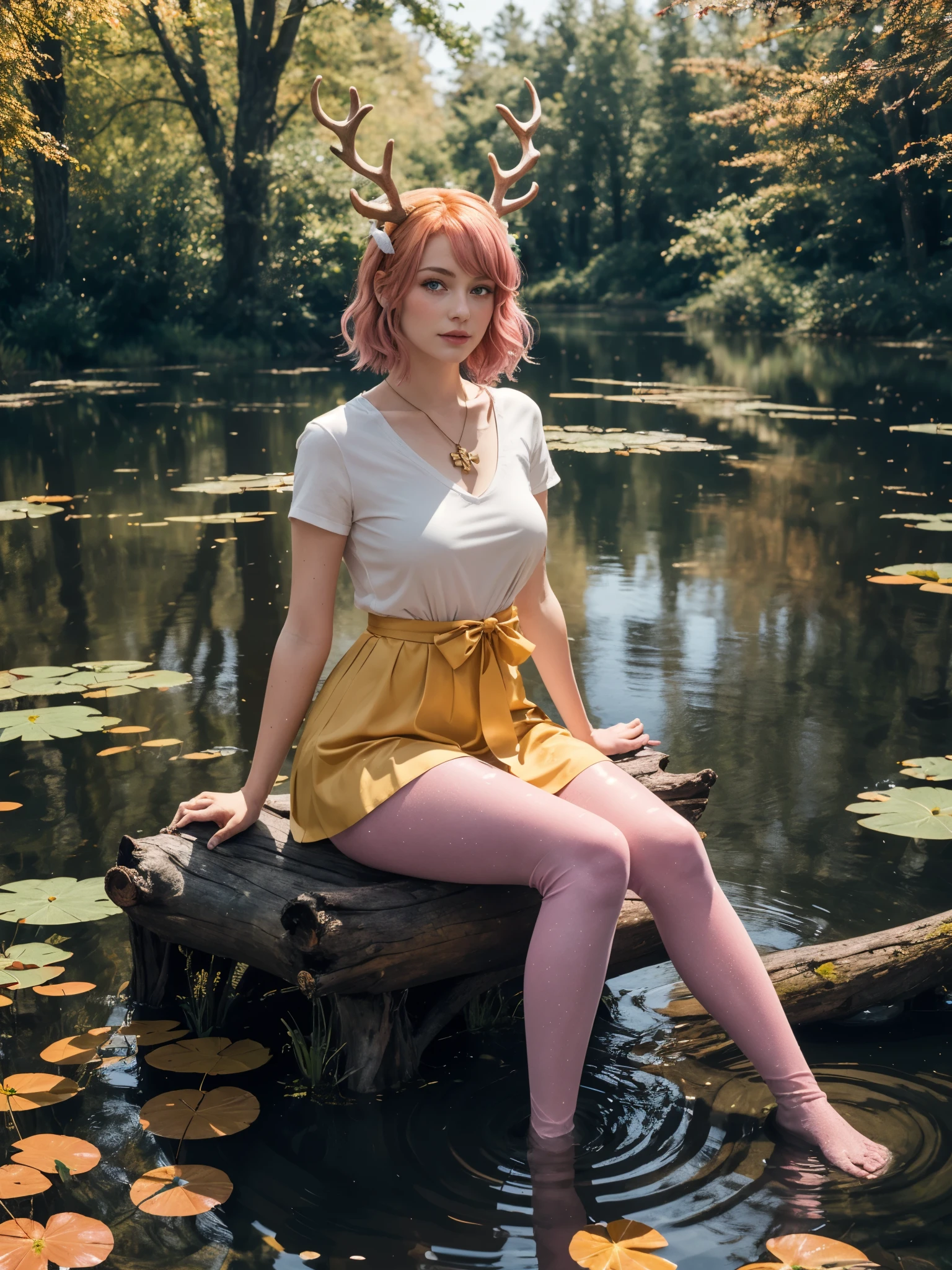 1girl, sitting, forest, messy dry hair, wide short sleeve, giant cross pendant, skirt, legging, one hand up, gold-trimmed sleeve, looking at viewer, pond, swamp, water surface, autumn weather, water stream, little waterfall, sitting on trunk, peaceful, dreamy lighting, water ripple, ultra detailed, beautiful and aesthetic, masterpiece, best quality, elegant, vivid colors, (realistic:1.3), (orange hair:pink hair:1.2), multicolored hair, gradient hair, voluminous hair, yellow eyes, maple antlers, hair ribbon, orange dress, sharp focus, gigantic breasts, (11yo, cute:1.3), 