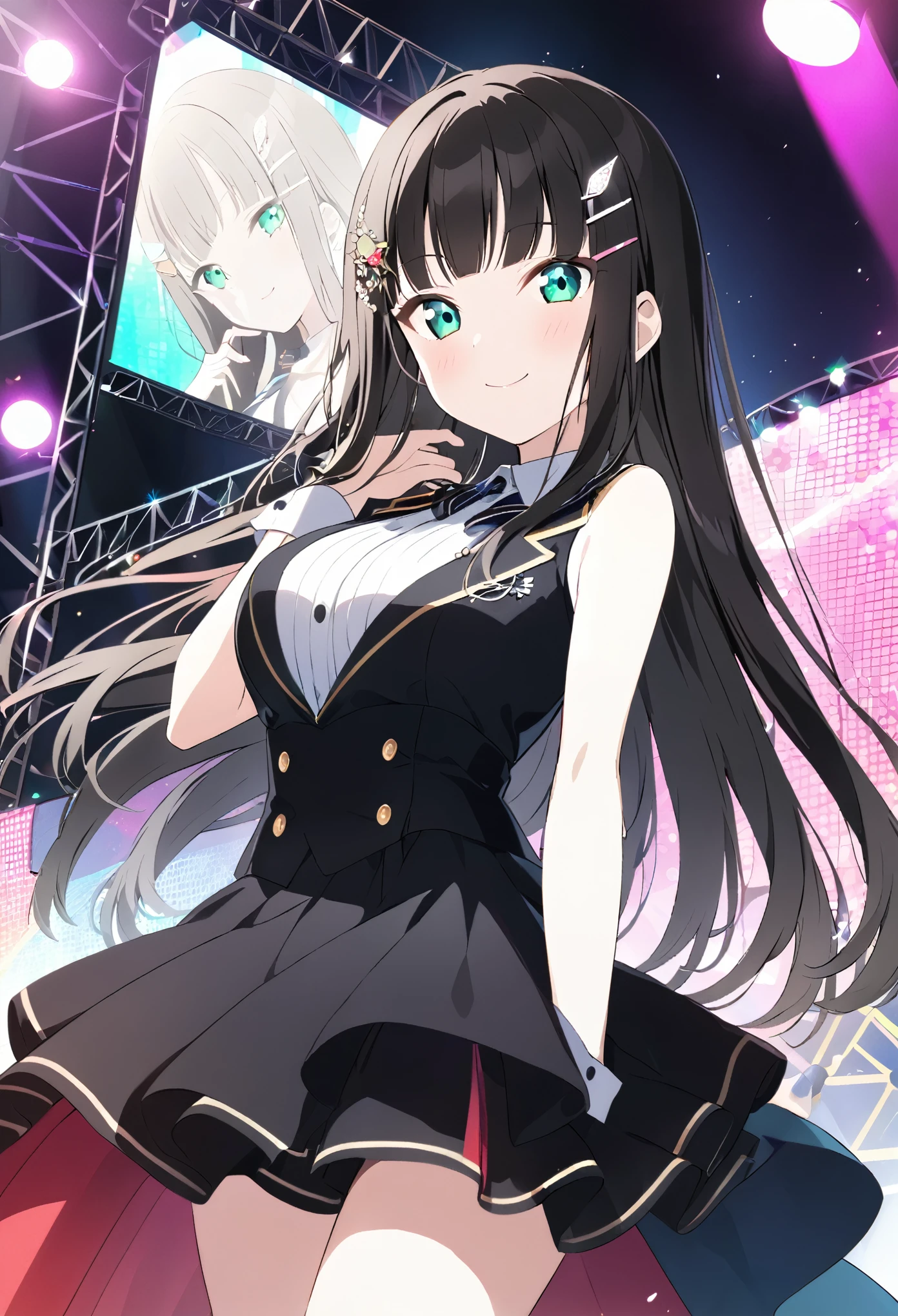  dia kurosawa, long hair, bangs, black hair, hair ornament, green eyes, sidelocks, hairclip, blunt bangs, , live stage, large Breasts, Formal dress smile　solo

