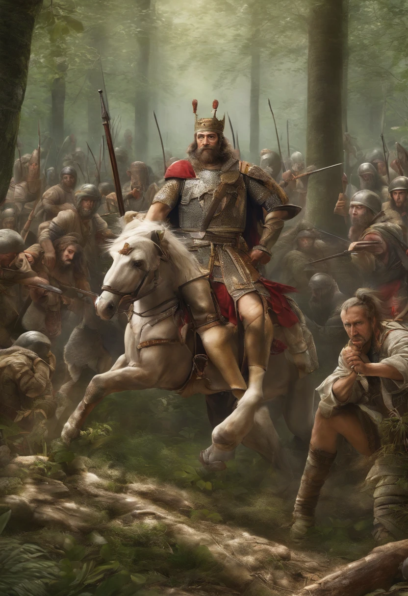 Make a picture of the emperor before Christ soldiers hunting in the forest