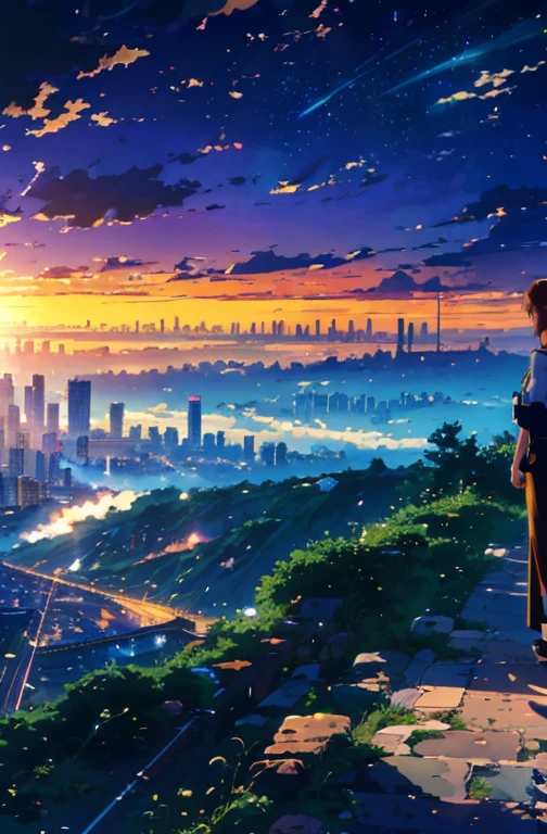 anime - style painting of a woman standing on a cliff overlooking a city, anime sky, detailed scenery —width 672, anime art wallpaper 4 k, anime art wallpaper 4k, beautiful anime scenery, anime art wallpaper 8 k, anime landscape wallpaper, anime wallpaper 4 k, anime wallpaper 4k, 4k anime wallpaper, anime clouds, anime background art