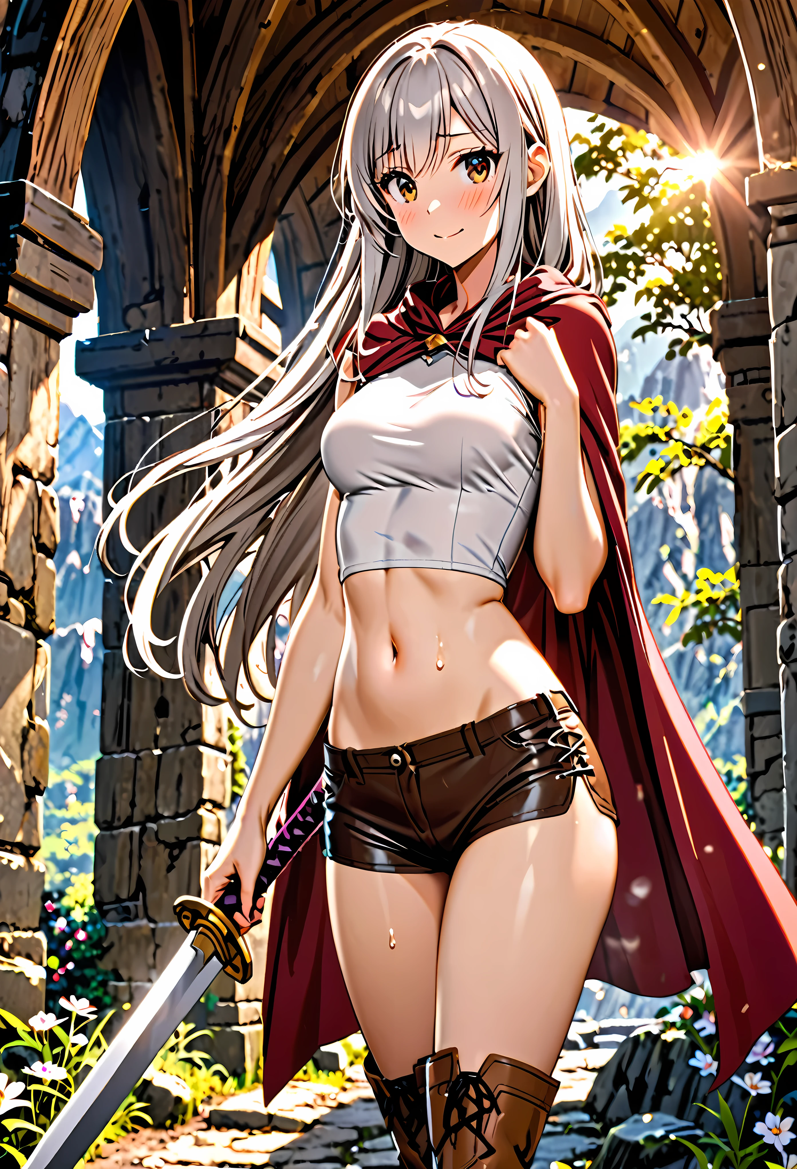 1 female,The perfect 25 years old,((ideal ratio body proportions:1.5,small head:1.7)),(tan skin),((high quality anime, 8k,masterpiece,Perfect Anatomy)),(beautiful detailed face and eyes,gorgeous eye:1.3,Almond Eyes), BREAK ,brown eyes, BREAK ,female knight、(silver hair),Straight long hair,bangs,smile,shy,blush, BREAK ,cowboy shot,medium breasts,slender body,skinny,sweat, BREAK ,Red cloak、A cropped sleeveless top in a rustic ecru color、Crop length、navel, Brown leather micro shorts、Brown leather long boots、standing、 BREAK ,A world of swords and magic、Mountain trail、sunlight、