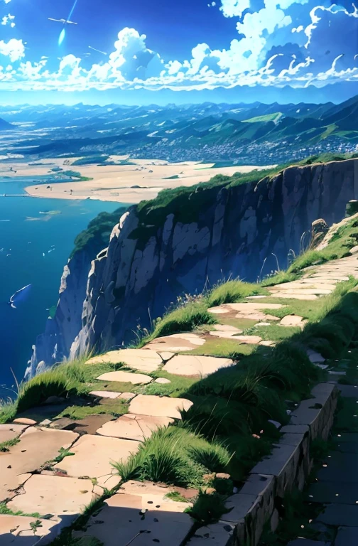 anime - style painting of a woman standing on a cliff overlooking a city, anime sky, detailed scenery —width 672, anime art wallpaper 4 k, anime art wallpaper 4k, beautiful anime scenery, anime art wallpaper 8 k, anime landscape wallpaper, anime wallpaper 4 k, anime wallpaper 4k, 4k anime wallpaper, anime clouds, anime background art