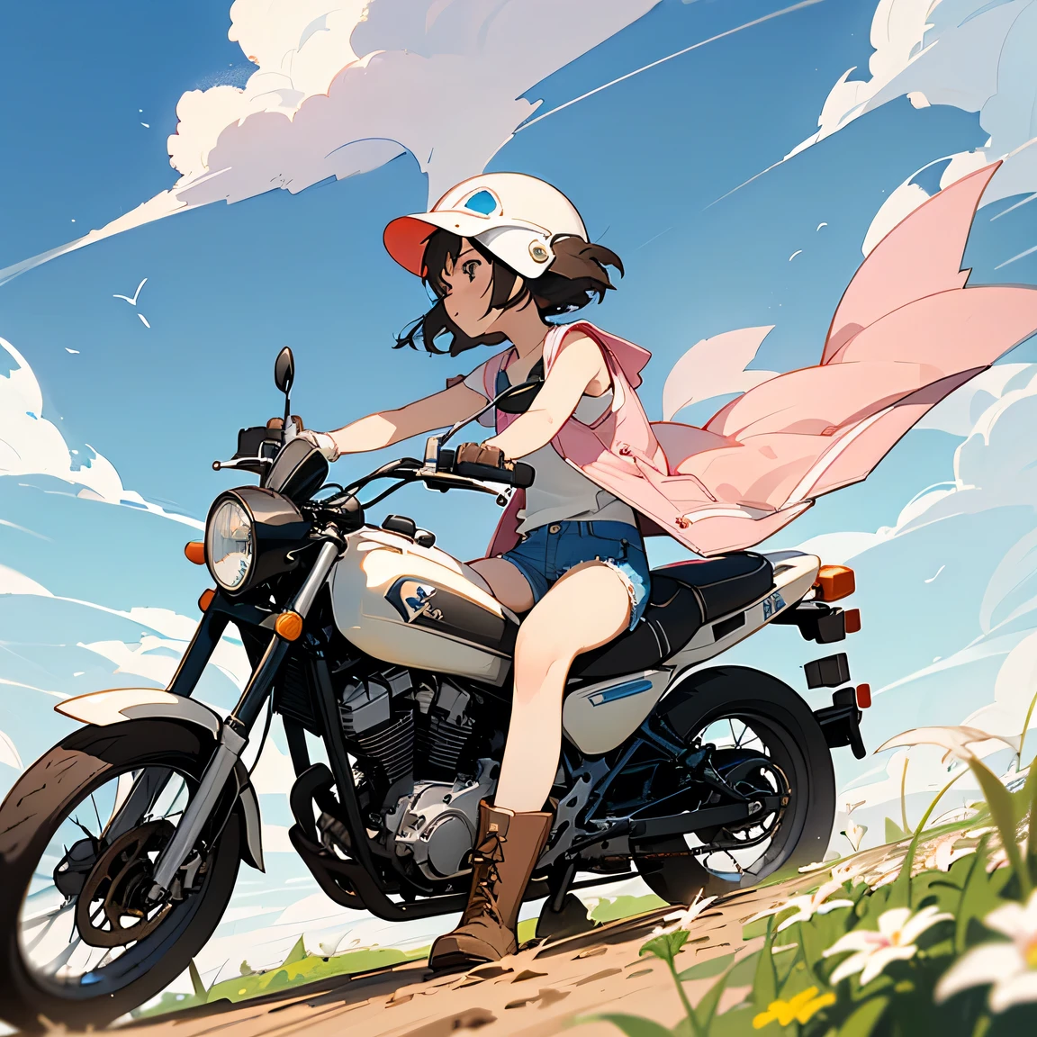 Highest quality、A girl is riding a white Super Cub、Dark brown short cut、(He is wearing a jet helmet with white and black lines running down the center of the helmet from front to back.、White tank top、Pink jacket、Denim shorts、White knee-high socks、Brown work boots:1.3)、Japanese countryside scenery、Road beside the stream、Small creek、Dirt Road、Weeds grow along the side of the road、Blue sky、White clouds floating、Early summer sky、