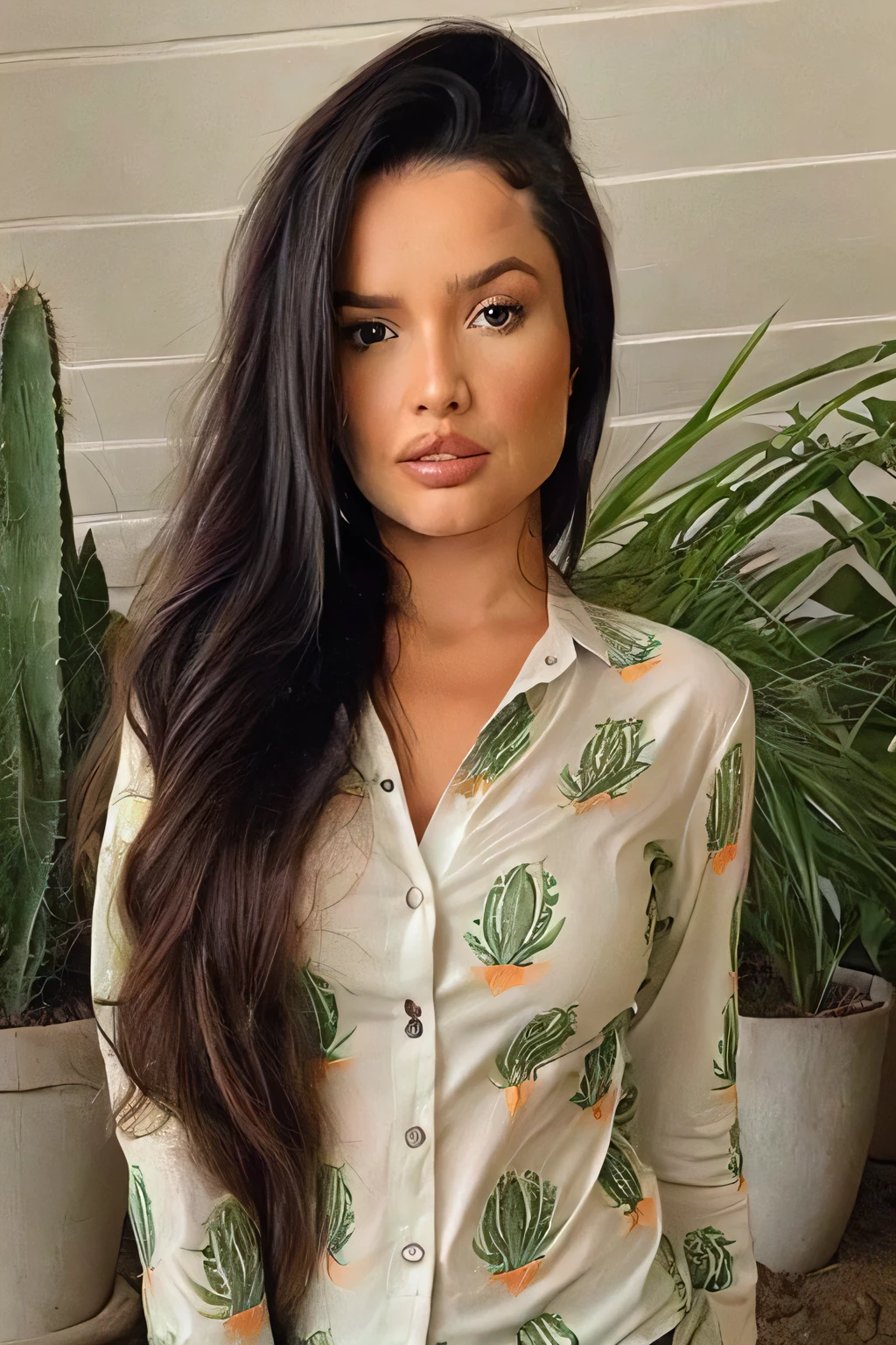 Portrait photo of beautiful jul13tt3 woman wearing a shirt with cactus style