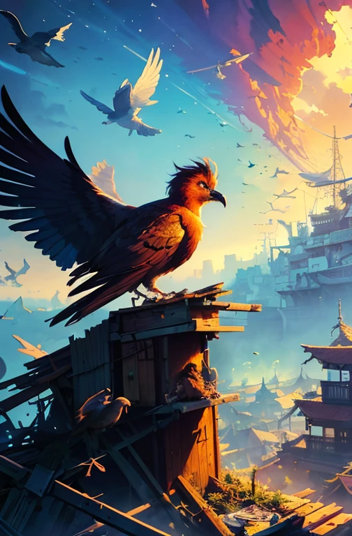 a painting of a man sitting on a pile of junk surrounded by birds, official artwork, detailed cover artwork, hd artwork, cyril rolando and m. w kaluta, cyril rolando and m.w kaluta, alex pardee, stunning artwork, hyperdetalized, highly detailed cover art, dramatic artwork