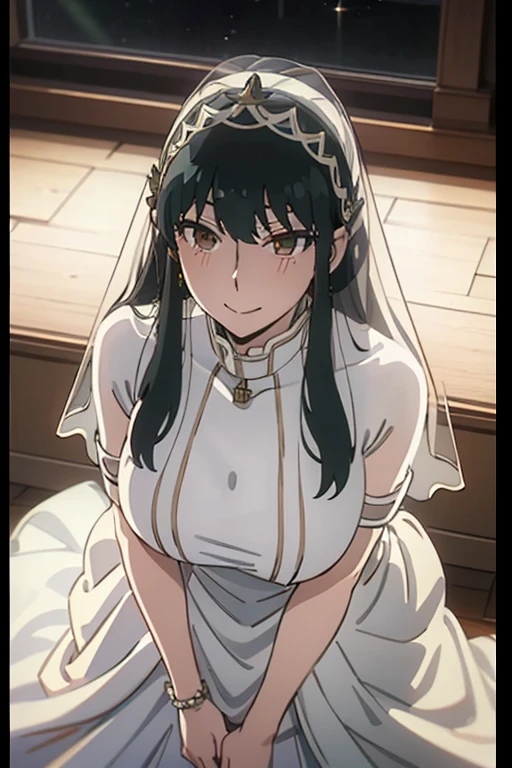 （highest quality、Highest quality、POV、4K,Night view、Very popular gravure model、、Beautiful woman with super huge saggy breasts and saggy buttocks、whole body、Happy Face、Dreamy time）Very flashy(YUMI KATSURA Princess Wedding Dress、Wedding veil、tiara）、A deserted chapel at night