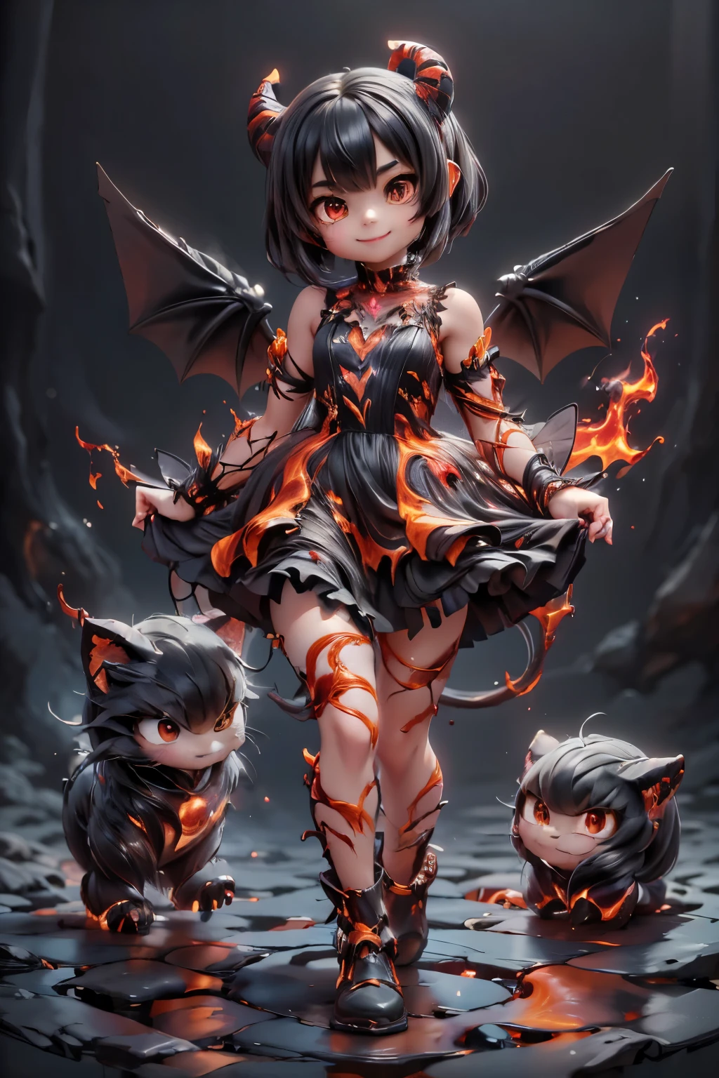 a demon girl smiling made entirely of lava, (magic lava clothes), (magic lava shoes), (((sfw)))