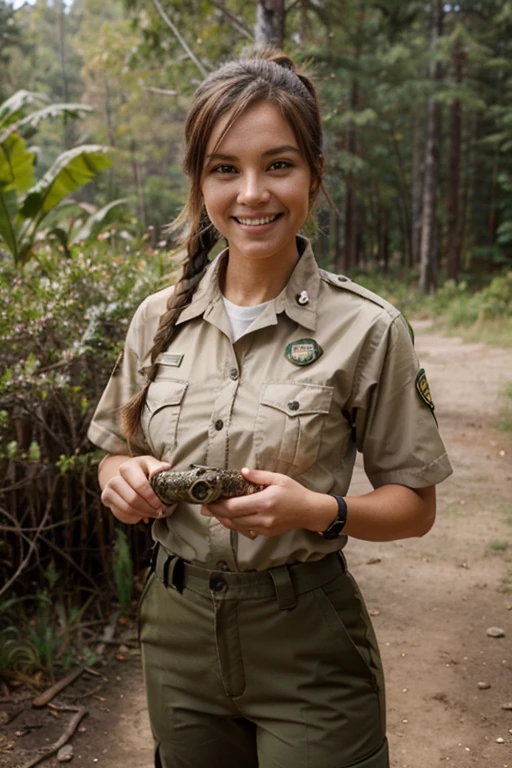 young smiling female national park ranger in natural colored uniform and outdoor pants, brown ponytail, presenting snake to camera