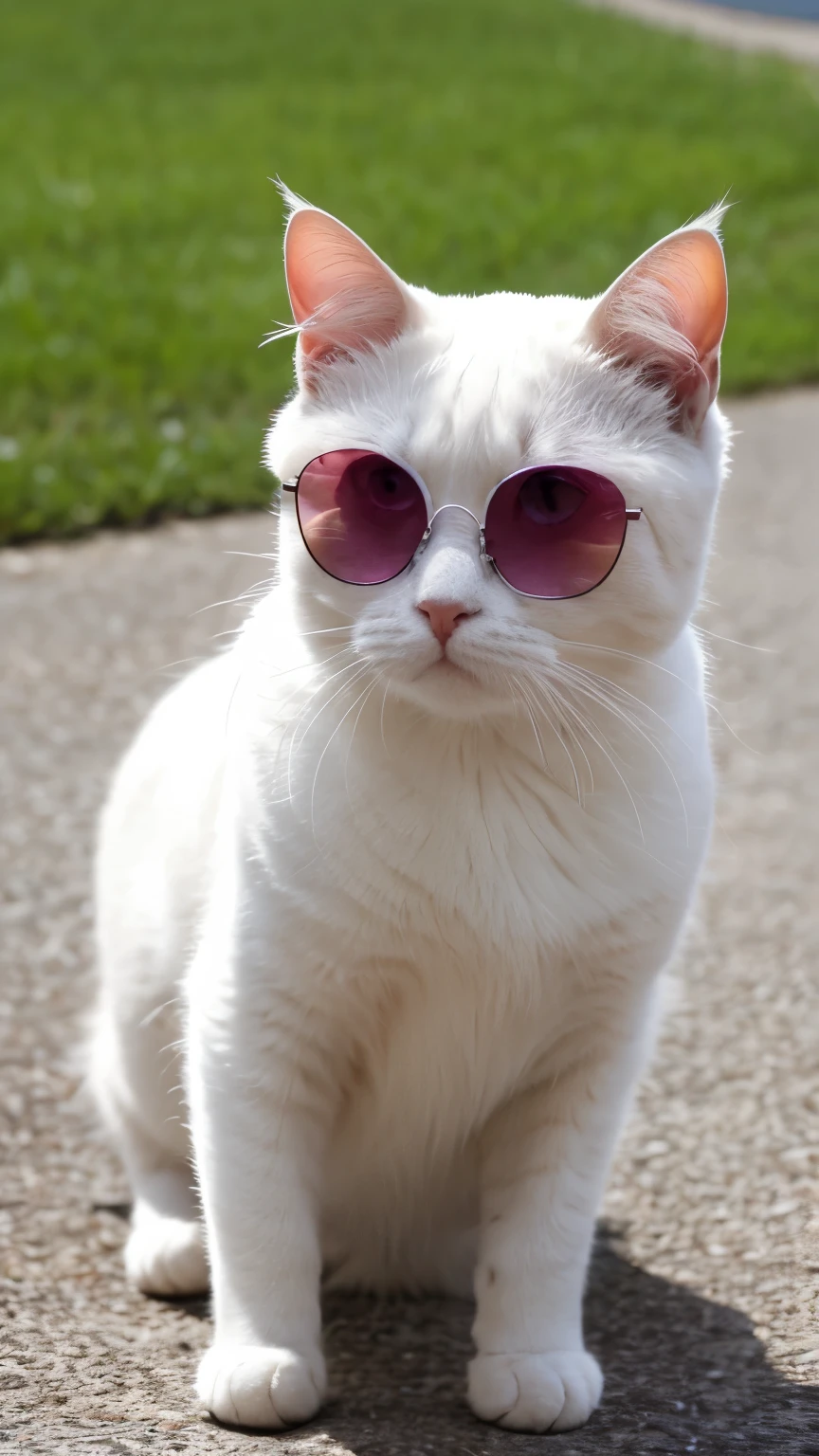 there is a white cat wearing pink sunglasses on a phone, white cat in a purple dress, with sunglasses, pink glasses, looking heckin cool and stylish, in sun glasses, cat with laser eyes, funny sunglasses, with sunglass, awesome cat, funny cat, white ( cat ) girl, sun glasses, cool sunglasses, white glasses, wearing cool sunglasses