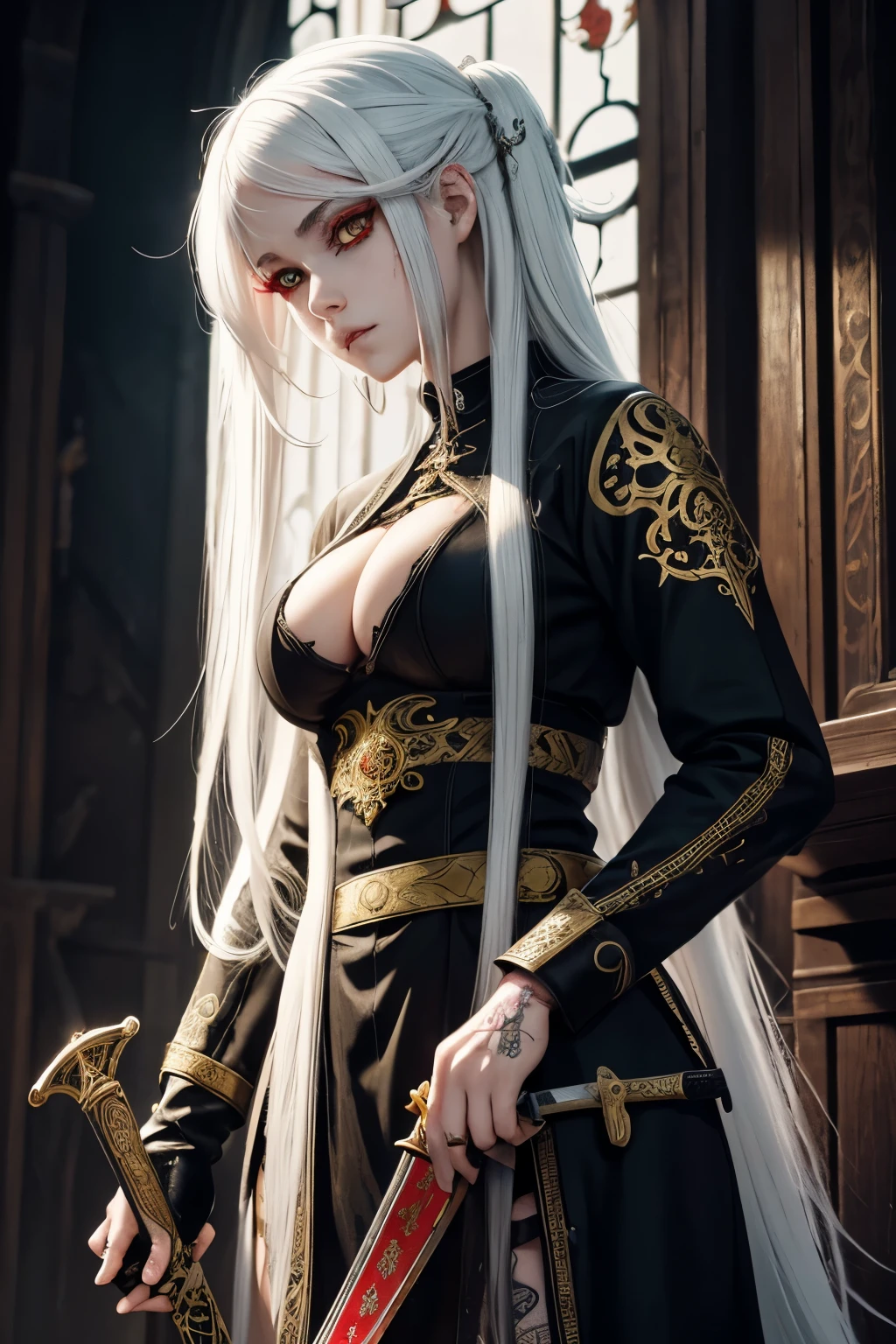 (masterpiece:1.1), (intricate:1.1), (detailed:1.1), (ornate:1.1), girl; anime; long white hair; left eye red; right eye yellow; snake pupil; black medieval clothing with cyberpunk elements; an immense sword; blood-stained sword