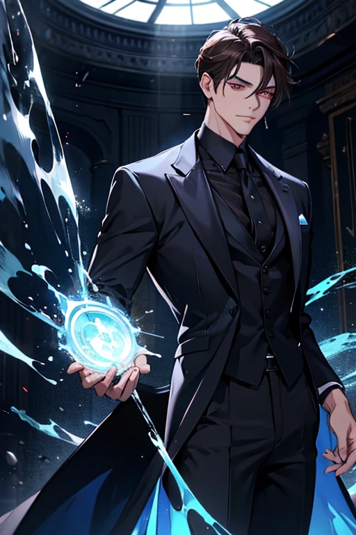 (best quality,4k,highres:1.2),ultra-detailed,realistic:1.37,aureole of vibrant blue light,beautiful detailed eyes,long dark brown hair with vibrant red eyes,perfect goatee,fit and perfect body shape,wearing black formal pants and a red dress shirt with a black formal vest and a black tie,a serious expression with a formal smile,standing in shards of vibrant blue light emanating from the side of his dark brown hair.