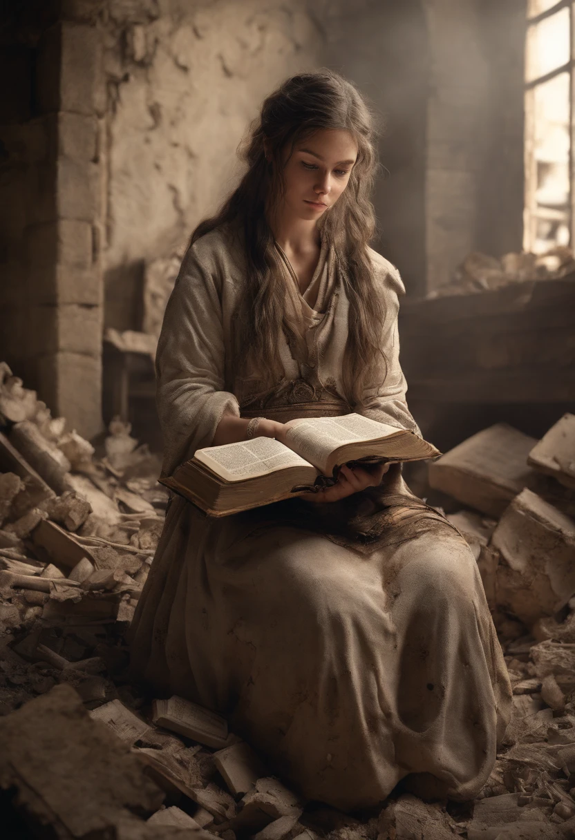 Make images amidst the destruction, a brave young woman named Sara keeping with her an Old Testament Bible