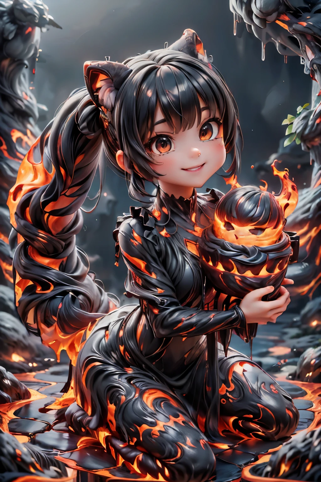 a demon girl smiling made entirely of lava, hair entirely ((made of lava)), (magic lava clothes), (magic lava mary janes), (((sfw)))