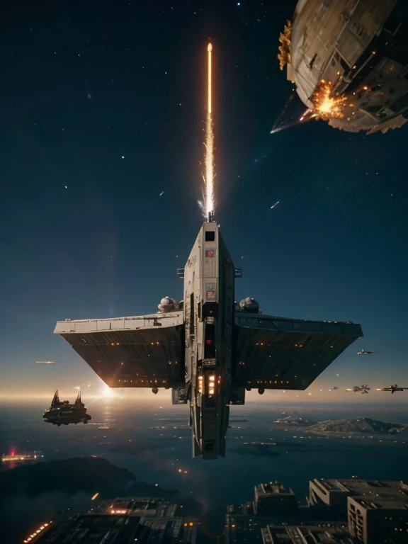 cinematic film still of In star wars universe a sci - fi epic battle with a destroyed Imperial Star Destroyer on fire in air flying over a futuristic city star wars style, shallow depth of field, vignette, highly detailed, high budget, bokeh, cinemascope, moody, epic, gorgeous, film grain, grainy
