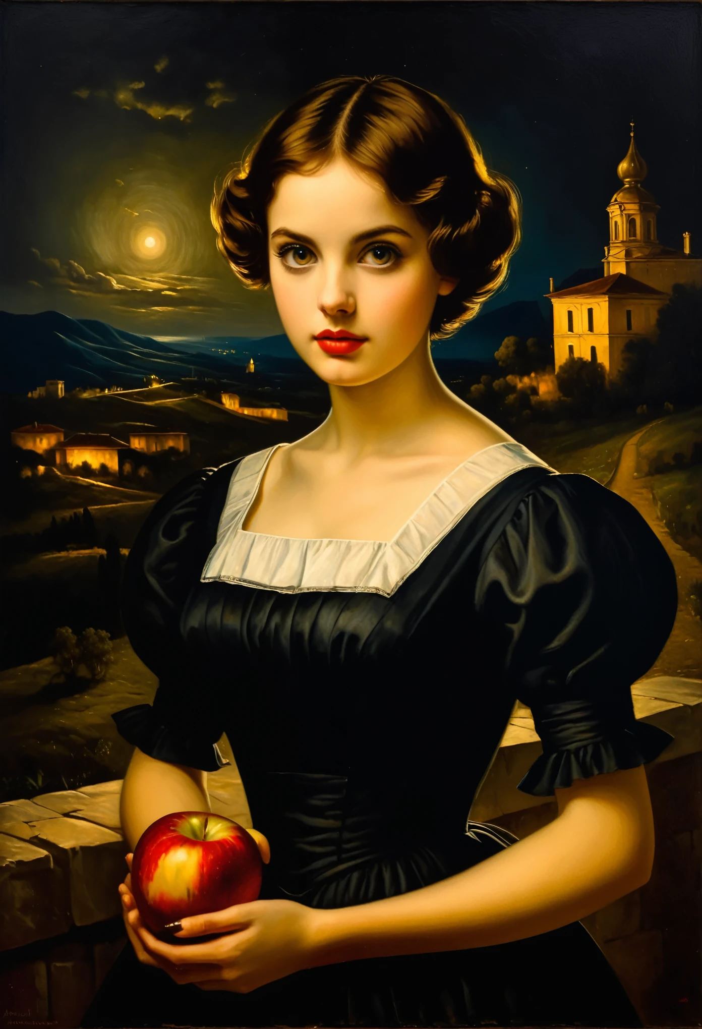 [[(front full portrait: young Martha Mansfield (solo) with big eyes and a short hair oblique twins apple)((Andrea Solario style))])):20]/[background: landscape
 dark Renaissance, old canva, (noir night), ((landscape style Alexey Savrasov:1,6))]/[two-color lighting, ((oil painting palette knife))((masterpiece)),((highest detail))]]
