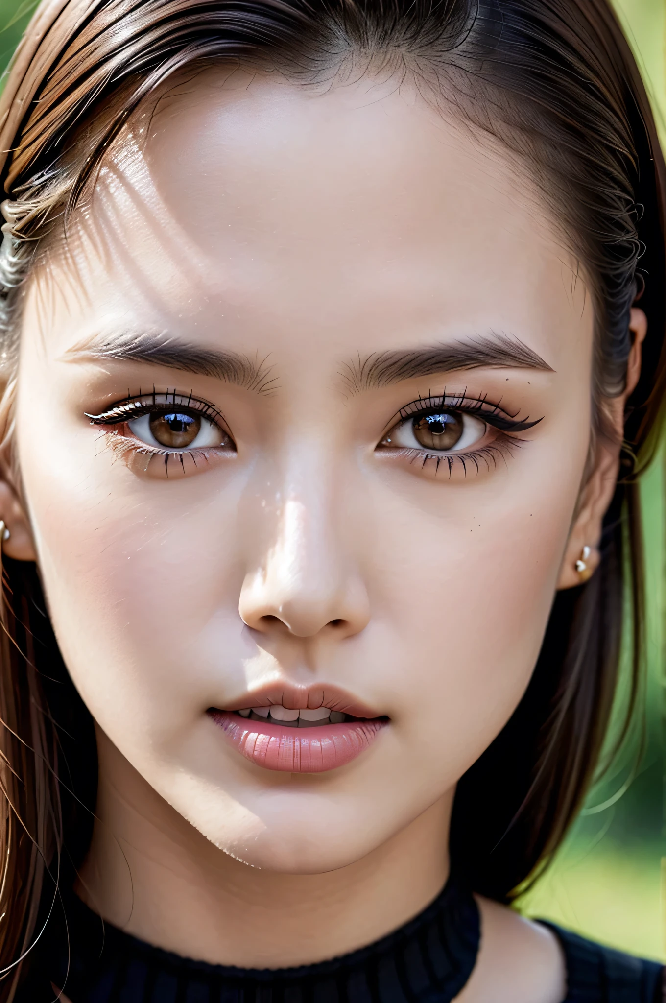 (Insanely detailed sharp-photo:1.1),(1girl:1.35, 20-year-old), hyperRealism, highest resolution, (the most absurd quality),((highest quality realistic texture skin)),((highest quality realistic texture hair)),BREAK,((brown hair, (slicked to the side), Insanely detailed:1.43)), (outside,an orchard of blooming cherry trees:1.3),((perfect proportions)),((anatomically correct)),((firm and full big breasts:1.3)),(the most absurd quality perfect eyes), (super detail beautiful slim and sharp-face), ((light pale complexion)), ((Insanely detailed clear and sharp perfect round realistic brown_eyes)), finely detailed pupils, detailed lips:1.3, (long_blue_eyeliner:1.18), (pink_lipstick:1.3), (perfect dark_eyeshadows:1.35), (Detailed nose:1.2), ((Upper body shot)), ((wearing a tight black knitted mini dress:1.35)),(small head:1.3), (close up of her face), exquisite balance of shadows,perfect composition,((look at the viewer)), Hasselblad, 85mm f/4.2