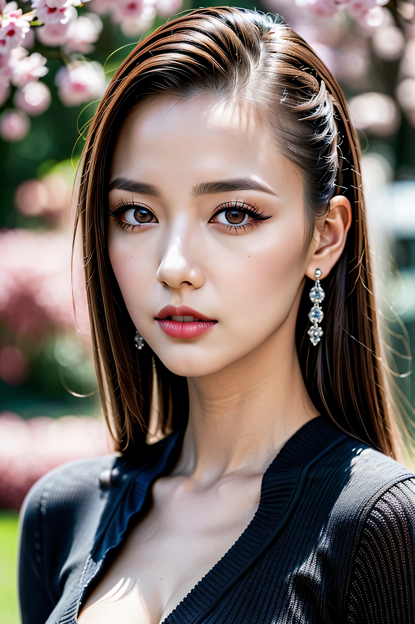 (Insanely detailed sharp-photo:1.1),(1girl:1.35, 20-year-old), hyperRealism, highest resolution, (the most absurd quality),((highest quality realistic texture skin)),((highest quality realistic texture hair)),BREAK,((brown hair, (slicked to the side), Insanely detailed:1.43)), (outside,an orchard of blooming cherry trees:1.3),((perfect proportions)),((anatomically correct)),((firm and full big breasts:1.3)),(the most absurd quality perfect eyes), (super detail beautiful slim and sharp-face), ((light pale complexion)), ((Insanely detailed clear and sharp perfect round realistic brown_eyes)), finely detailed pupils, detailed lips:1.3, (long_blue_eyeliner:1.18), (pink_lipstick:1.3), (perfect dark_eyeshadows:1.35), (Detailed nose:1.2), ((Upper body shot)), ((wearing a tight black knitted mini dress:1.35)),(small head:1.3), (close up of her face), exquisite balance of shadows,perfect composition,((look at the viewer)), Hasselblad, 85mm f/4.2