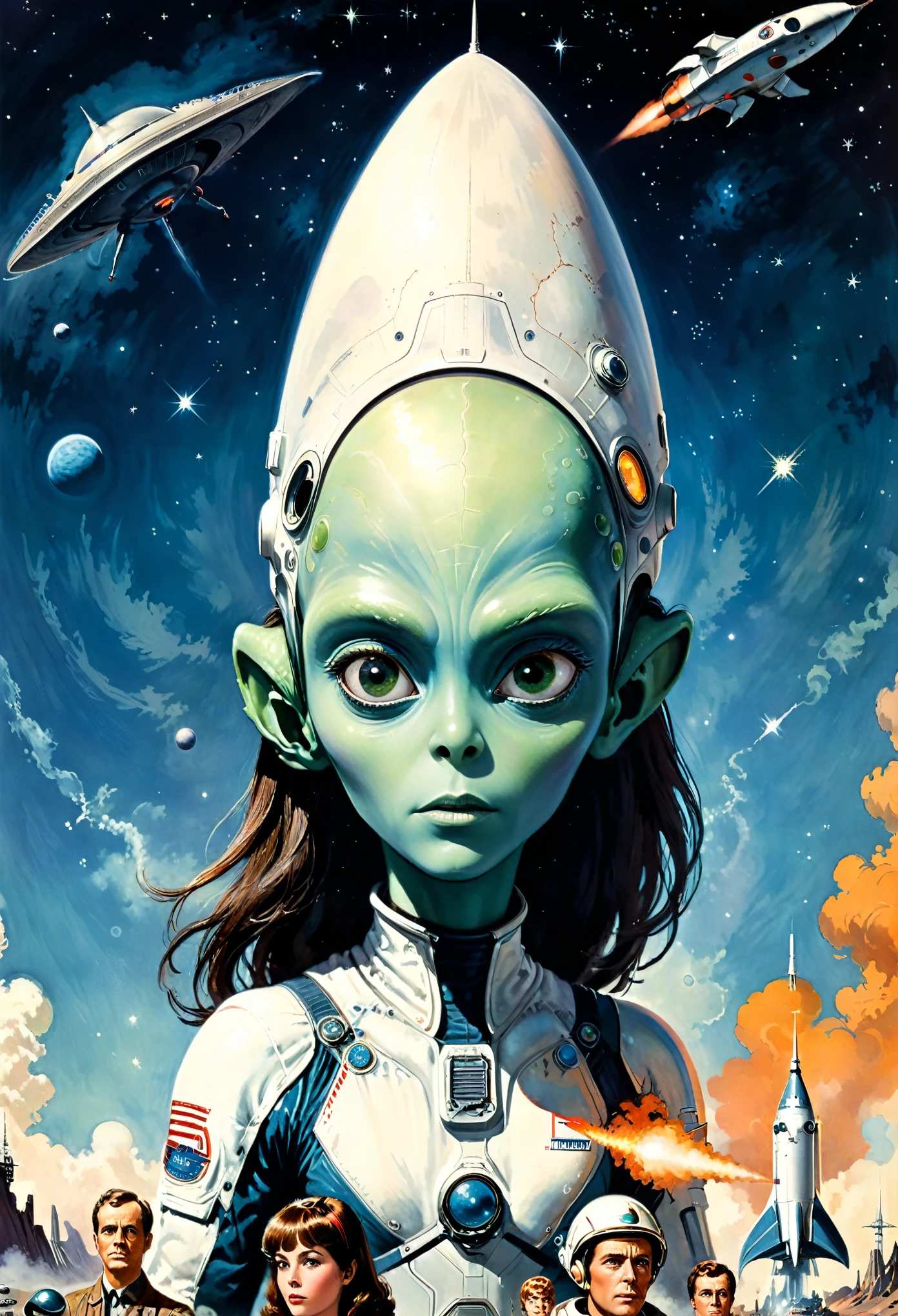((A close-up of an Alien)), alien, Extra-Terrestre Olhando para o alto , Big alien in the foreground, Norman RockWell, Sci-FI Russa,  ((IMAGEM SEM TEXTO)) poster with a Space Rocket, Directed by: Antoine Ignace Melling, poster vintage, Directed by: André Beauneveu, French movie poster from the 60s, French movie poster from the 60s, sob a lua cheia, (Quadrinhos franceses) , Planeta, Estrelas, Nebulosa, NAve Espacial, Directed by: Jean Hélion, 6 0 s French movie poster, cartaz ilustrado sem texto, Retro-futurista, Sci-Fi