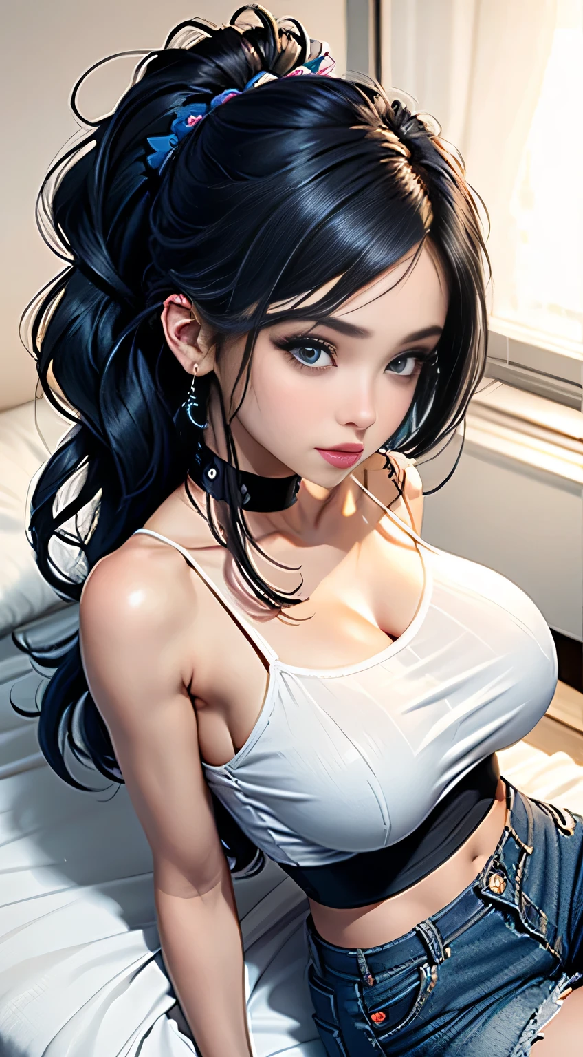 sfw, ((lying on bed top view)), a girl, little guy, Mixing Console, Music Clubs, night club, todo el cuerpo, de pie, Antecedentes del estudio, Apariencia, Maquillaje, mascara, Los labios son suaves o de color, Fondo negro simple, minimalismo, monotone, Paletas de colores simples, limpio, Crisp drawings, Siluetas fluidas, asymmetric, Geometrical, Elegant and luxurious materials and designs, Accesorios sencillos y minimalistas, Collares y anillos finos en plata u oro, Pulseras simples, Different designs, Siluetas simples, Estilo simple y sofisticado, Lealtad, minimalismo, Materiales de alta calidad, Fresh and urban printing, alta moda, Simplicity and sophistication, azul, color azul, sexy, esbelto, Ropa corta, mojado, sexy, erotic, escote, Apariencia juvenil, yoga, bashful, Sudoroso, white see through spaghetti strap shirt, bike shorts, 3/4 body view, wearing bra,((skinny waist)), young asian girl, ((big breasted)),