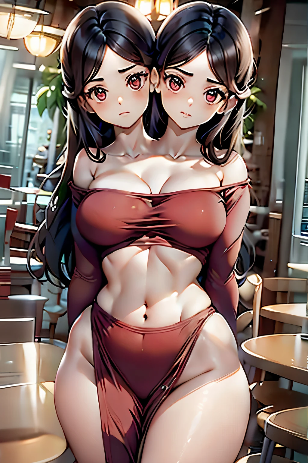 conjoined, 2heads, girl with two heads instead of one, 2head, cuerpo curvilineo, caderas anchas, brazos curvilineos, ropa comoda, ropa roja, ropa cubriendo todo el torso
