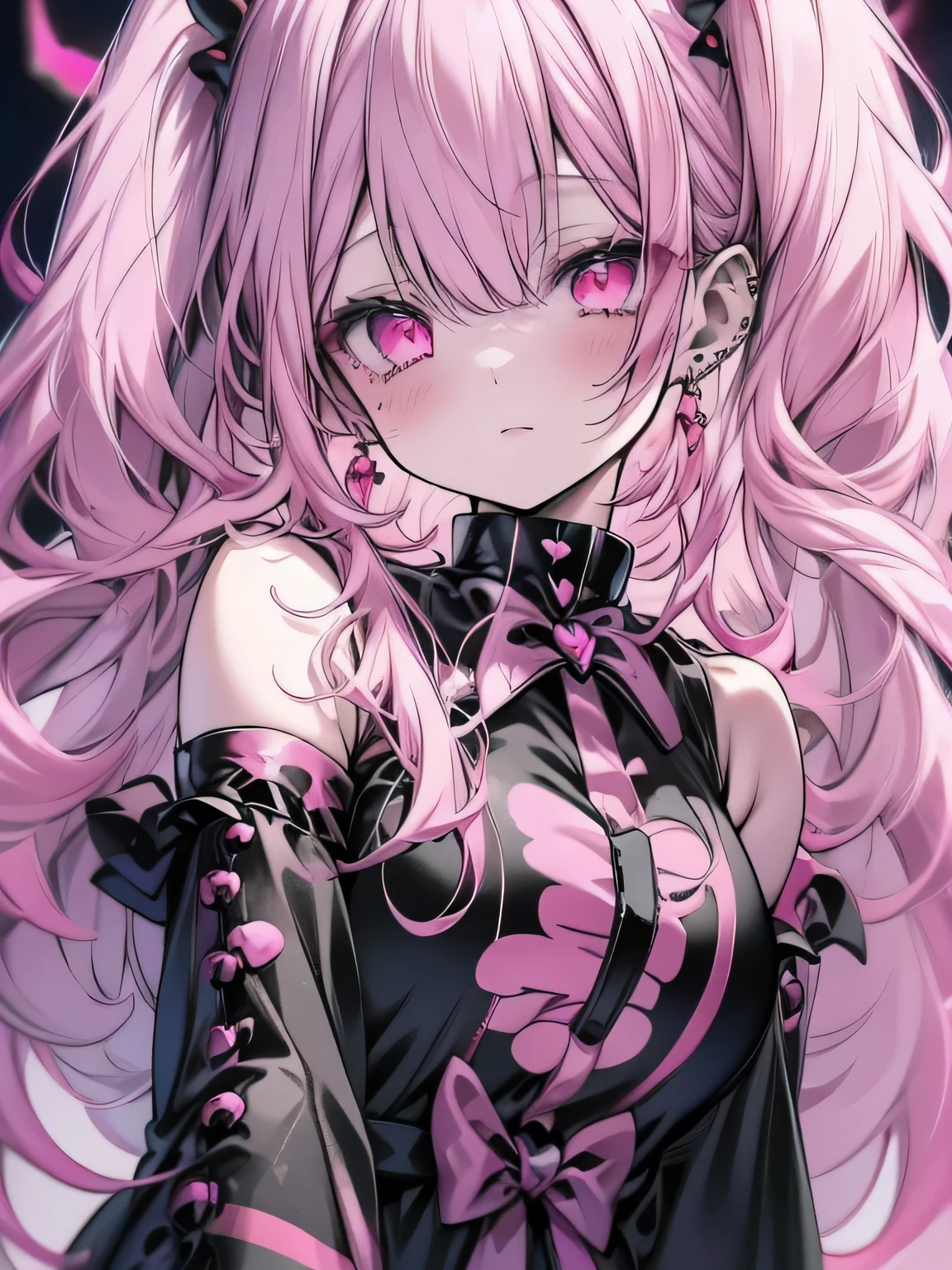 anime, kawaii pop pastel demon girl, pastel pink mix black hair, pink eyes, a gothic pink mix black demon outfit, kawaii pop, gothic pop
