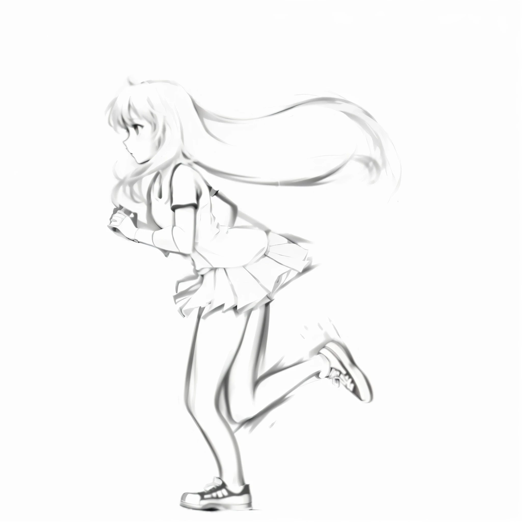 a drawing of a The girl runs with a tennis racket, the anime The girl runs, running pose, running free, clean anime outlines, Whole body!! dynamic pose действия, The girl runs, jump pose, line sketch!!, dynamic active running pose, The girl runs, anime pose, anime sketch, line sketch, Whole body!! dynamic pose, long hair.