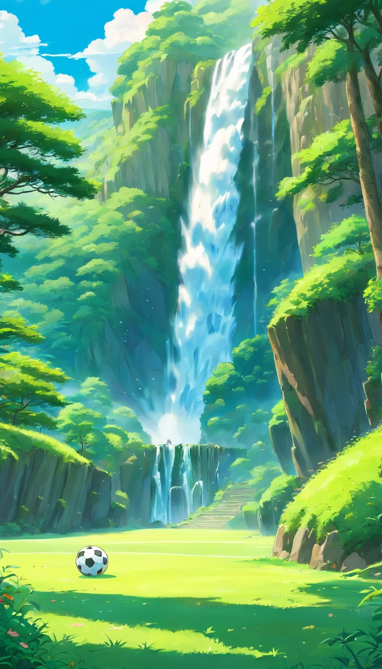 anime scenery of a soccer field with a waterfall and a soccer ball, beautiful anime scenery, anime scenery, anime landscape wallpaper, anime landscape, anime countryside landscape, anime background art, amazing wallpaper, anime nature, anime background, detailed scenery —width 672, anime scenery concept art, beautiful anime scene, scenery wallpaper, anime nature wallpap, detailed scenery