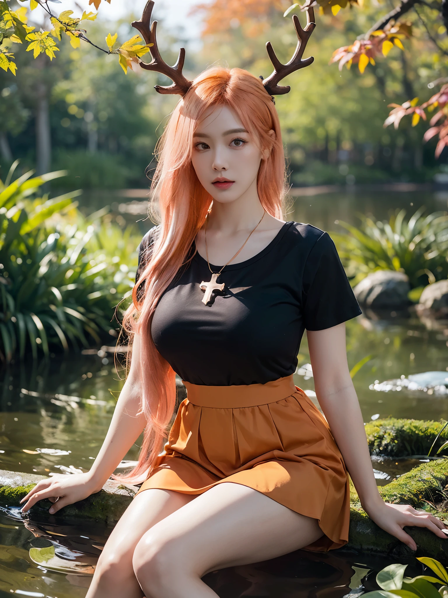 1girl, sitting, forest, messy dry hair, wide short sleeve, giant cross pendant, skirt, legging, one hand up, gold-trimmed sleeve, looking at viewer, pond, swamp, water surface, autumn weather, water stream, little waterfall, sitting on trunk, peaceful, dreamy lighting, water ripple, ultra detailed, beautiful and aesthetic, masterpiece, best quality, elegant, vivid colors, (realistic:1.3), (orange hair:pink hair:1.2), multicolored hair, gradient hair, voluminous hair, yellow eyes, maple antlers, hair ribbon, orange dress, sharp focus, gigantic breasts, (thick thighs:0.9), (obese body:0.8), (fat thighs:0.6), (wide hips:0.8),