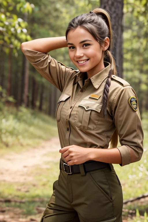 young smiling female national park ranger in natural colored uniform and outdoor pants, brown ponytail, holding a detailed realistic mouse