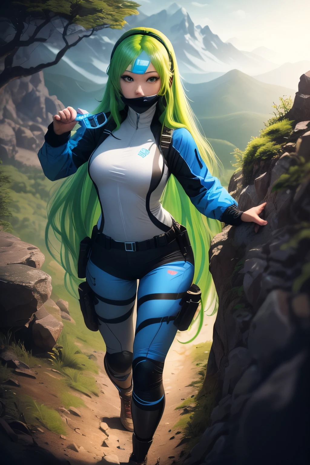 masterpiece, best quality, official art, ultra high res, ultra detailed, 1girl, solo, holding a flashlight, mature, woman, climbing a mountain, serious, tactical, pose, hiking pants, wind, wind breaker, holding up flashlight, green hair, long hair, very long hair, armor, mechanical, large , mask, hair piece
