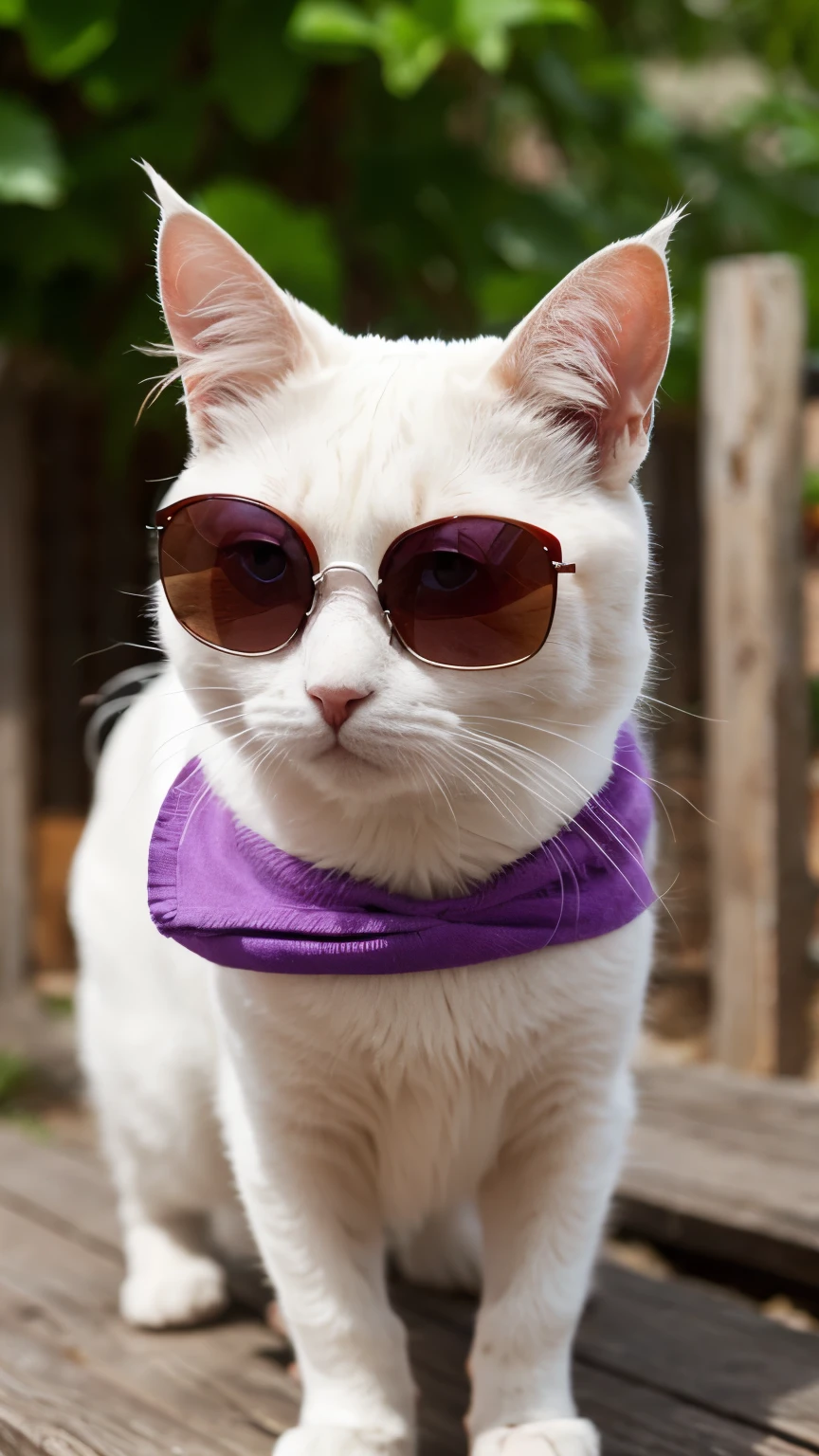 there is a white cat wearing red sunglasses with red lenses, on a phone, wearing a purple vest, with sunglasses, pink glasses, looking heckin cool and stylish, in the sun.