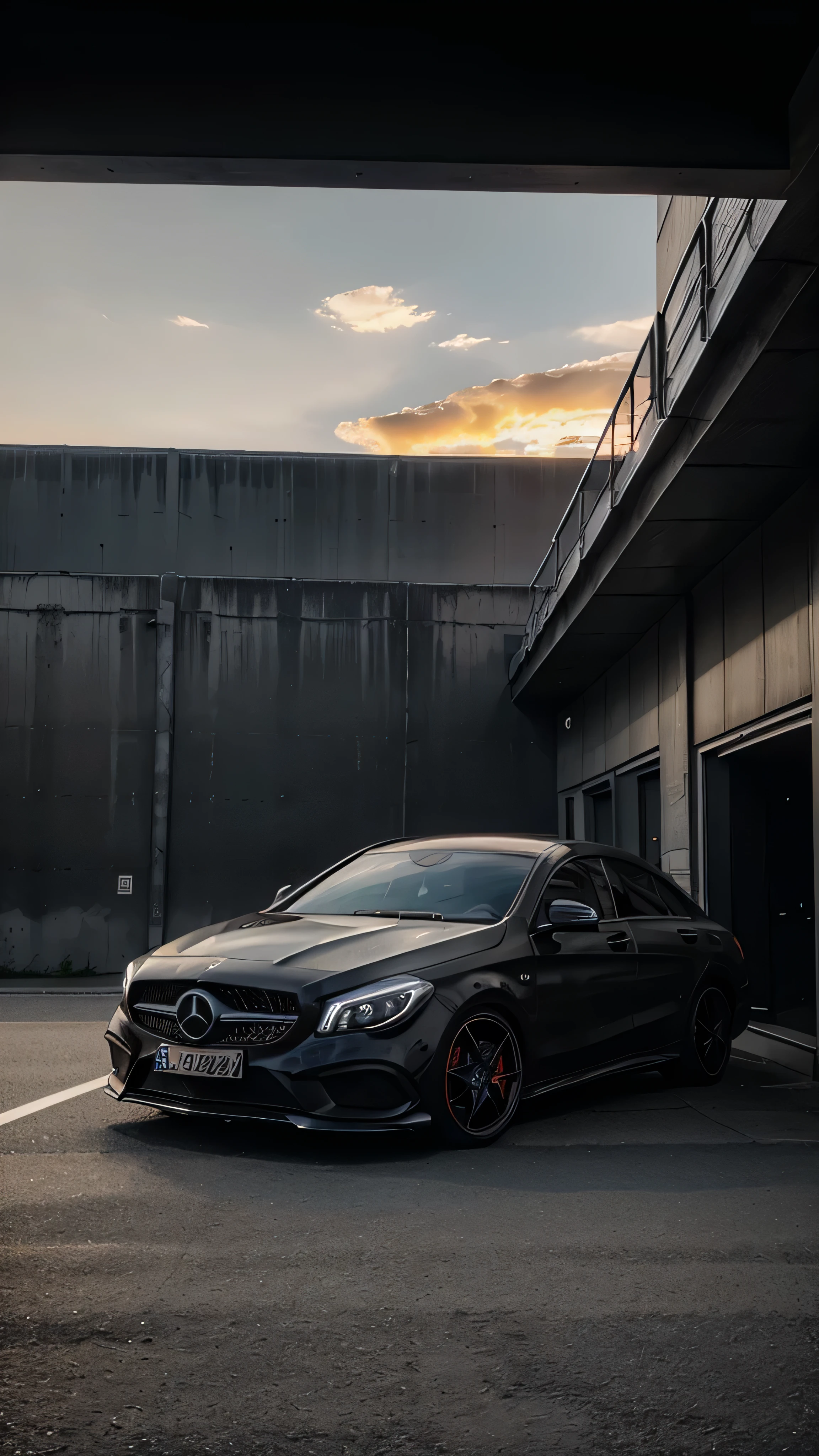 Realistic Mercedes cla 45s amg in black gray mat parked in Germany with sunset aesthetic 