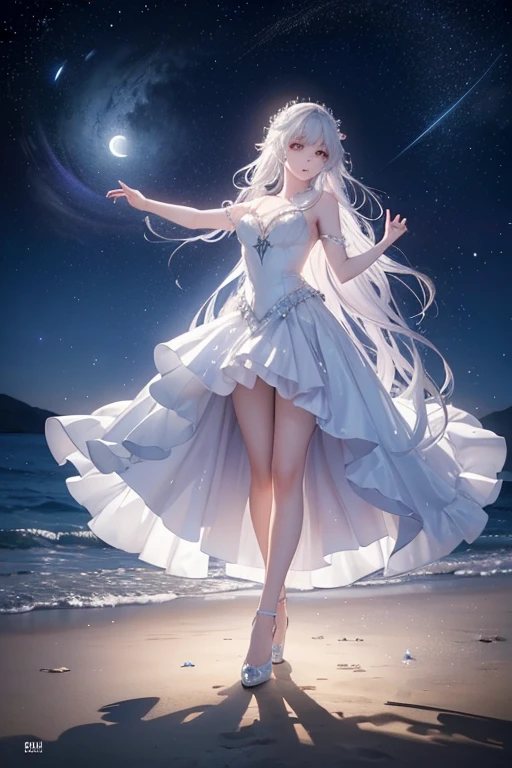 (Obra maestra:1.2), Mejor calidad, (illustration:1.2), (ultra detallado), hiper detalles, (delicado detallado), (detalles intrincados), (cinematic light, Mejor calidad Backlights), Delete line, desde abajo, solista, Cuerpo perfecto, (1 chica), “The girl dances with enchanting elegance to the gentle breeze of the air, amidst a stunning natural scene painted in black light style. Her graceful steps glide on the sand of the beach, and her dreams rise lightly in a sky full of twinkling stars. Darkness and light play with her graceful body, creating a magical effect that attracts the eye and captivates the heart. Her long hair swings and her eyes sparkle like jewels in the moonlight, adding a touch of magic and beauty to the stunning landscape, full body, high quality, high detail, high resolution, backlit., (constituir), alto contraste, (mejor iluminacion, un extremadamente creado y hermoso), (cinematic light), vistoso,