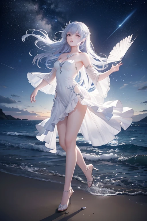 (Obra maestra:1.2), Mejor calidad, (illustration:1.2), (ultra detallado), hiper detalles, (delicado detallado), (detalles intrincados), (cinematic light, Mejor calidad Backlights), Delete line, desde abajo, solista, Cuerpo perfecto, (1 chica), “The girl dances with enchanting elegance to the gentle breeze of the air, amidst a stunning natural scene painted in black light style. Her graceful steps glide on the sand of the beach, and her dreams rise lightly in a sky full of twinkling stars. Darkness and light play with her graceful body, creating a magical effect that attracts the eye and captivates the heart. Her long hair swings and her eyes sparkle like jewels in the moonlight, adding a touch of magic and beauty to the stunning landscape, full body, high quality, high detail, high resolution, backlit., (constituir), alto contraste, (mejor iluminacion, un extremadamente creado y hermoso), (cinematic light), vistoso,